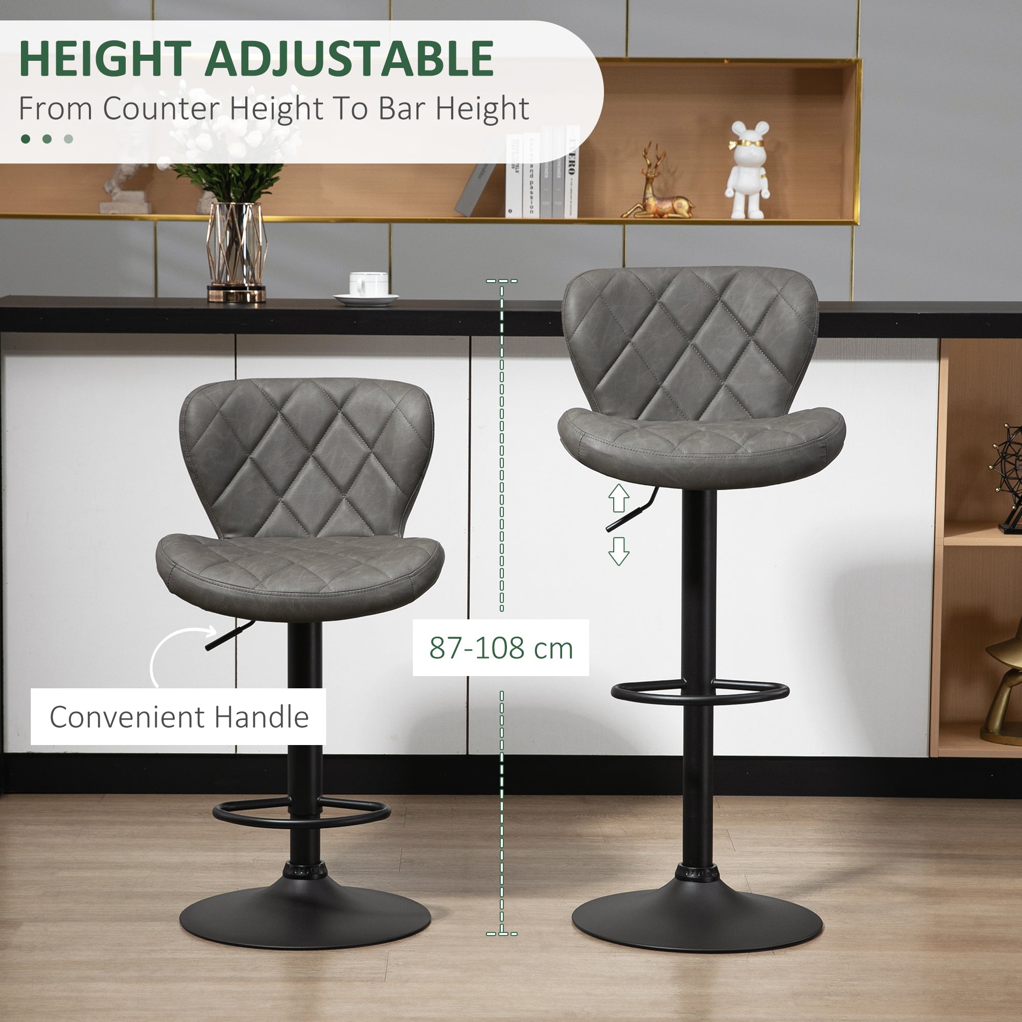 Adjustable Height Bar Stools Set of 2, Swivel Barstools with Backrest and Footrest, Steel Frame Diamond Pattern PU, Kitchen Dining, Dark Grey