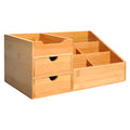 Multi-Function Desk Organiser with 7 Compartments & 2 Drawers - Natural Wood