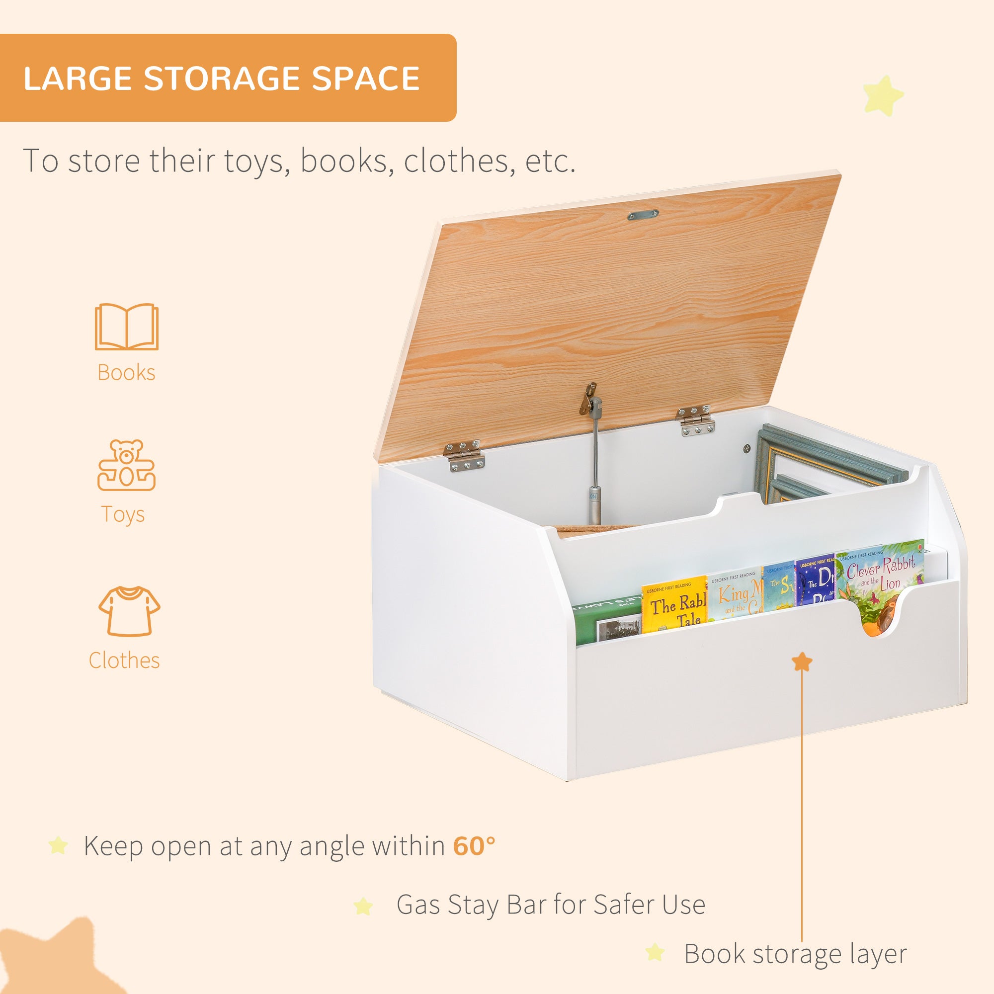 Wooden Kids Children Toy Box Storage Chest Organizer Book Slot Safety Hinge Playroom Furniture White