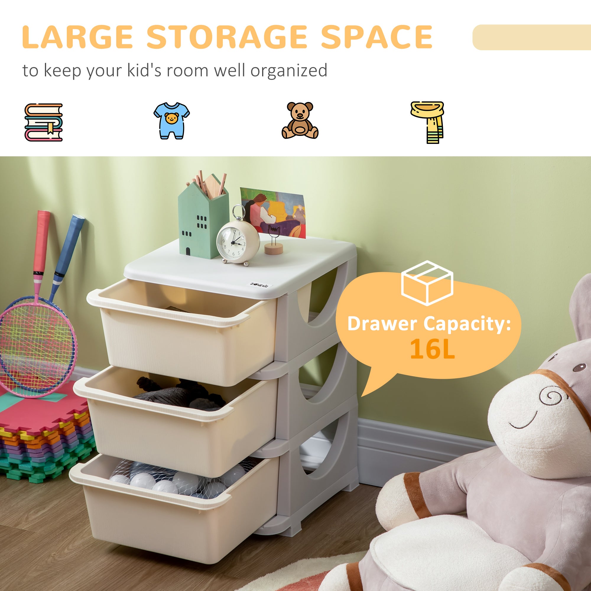 Kids Storage Units with Drawers 3 Tier Chest Vertical Dresser Tower Toy Organiser for Nursery Playroom Kindergarten White