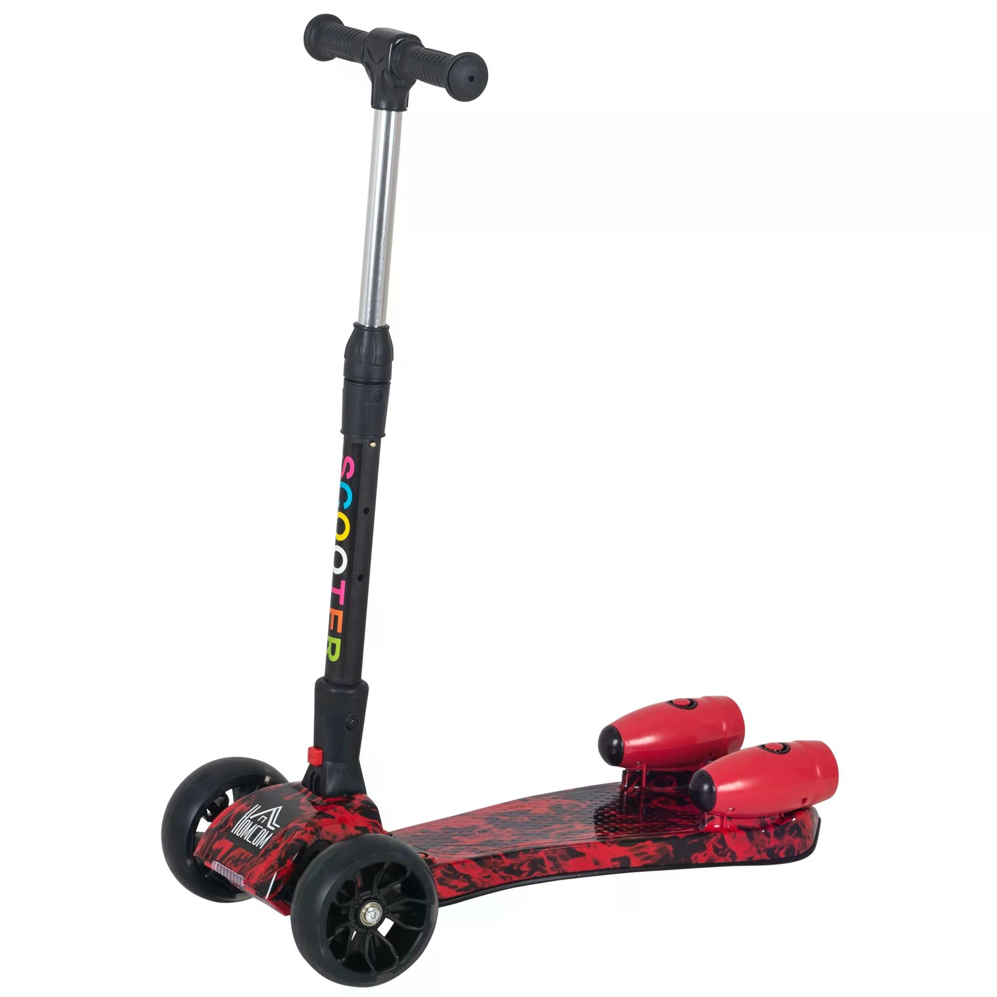 Kids 3 Wheel Kick Scooter Adjustable Height w/ Flashing Wheels Music Water Spray Foldable Design Cool On Off Road Vehicle Red