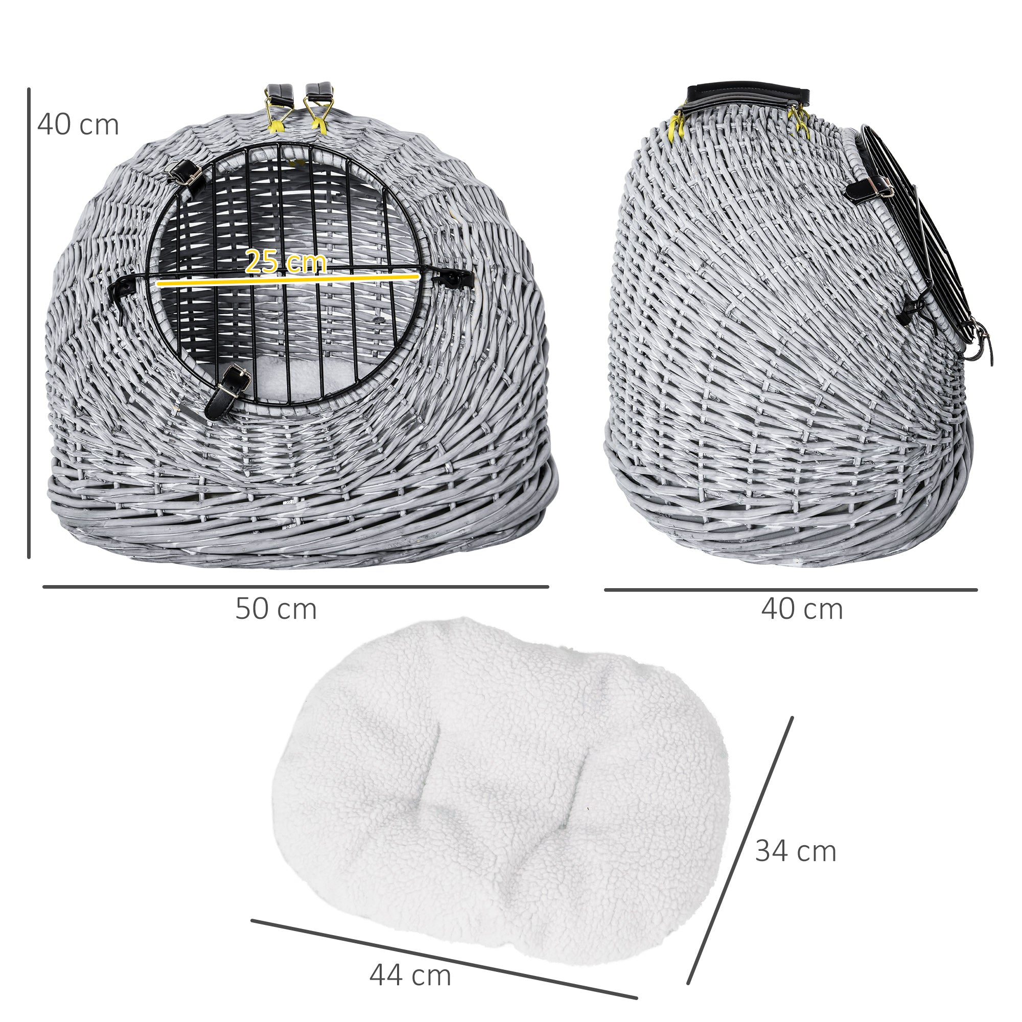 Wicker Pet Carrier Basket Cat Kitten Bed Portable Travel Cage w/ Soft Cushion Handle Grey 50 x 40 x 40 cm