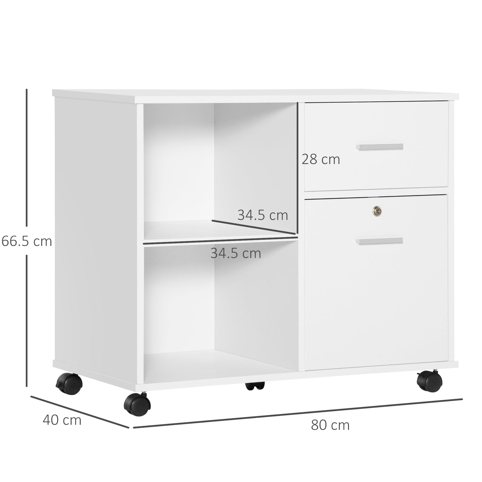 Filing Cabinet with Wheels, Mobile Printer Stand with Open Shelves and Drawers for A4 Size Documents, White