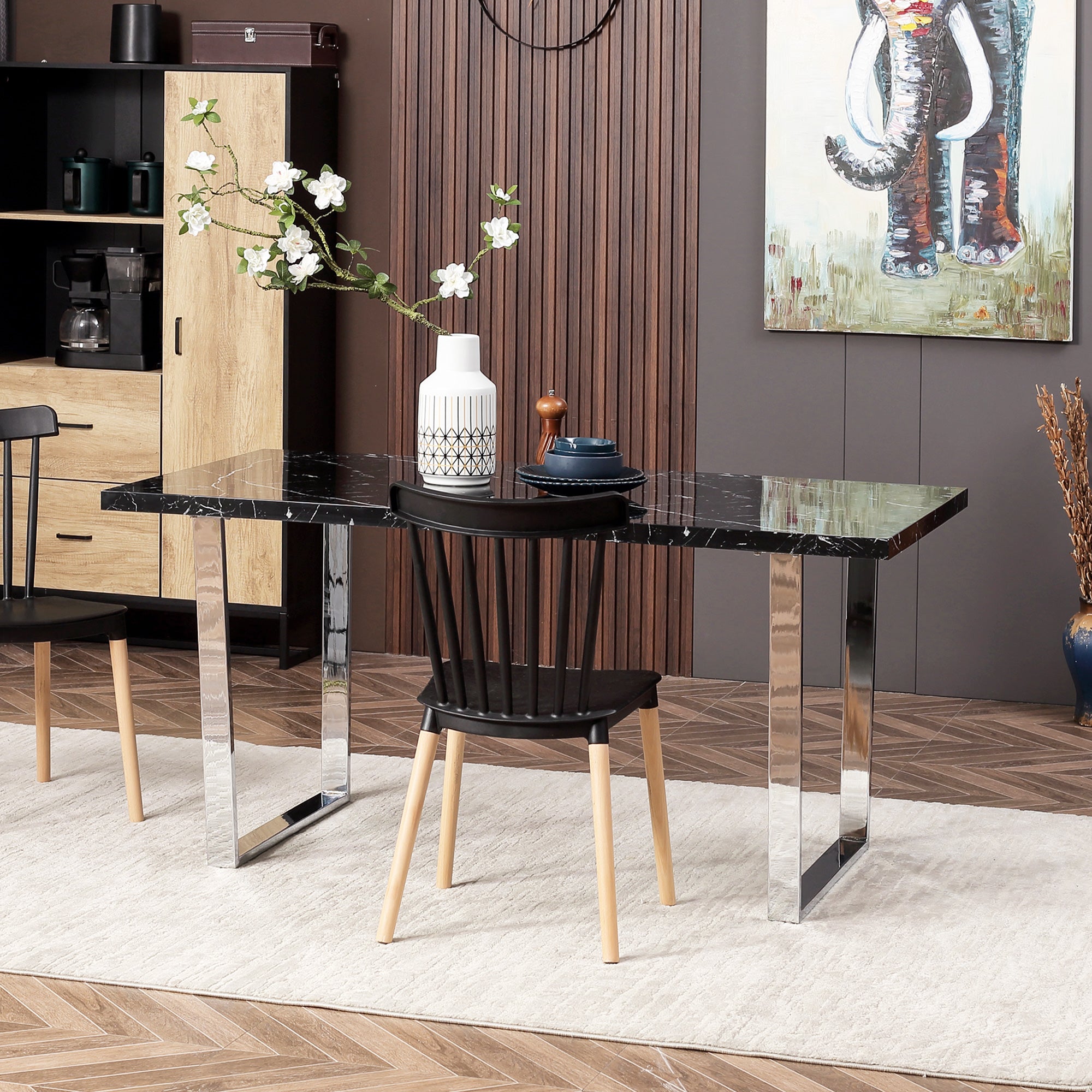 Modern Dining Room Table Rectangular Kitchen Table for 6-8 People with Marble Effect Tabletop Steel Legs 155 cm Black