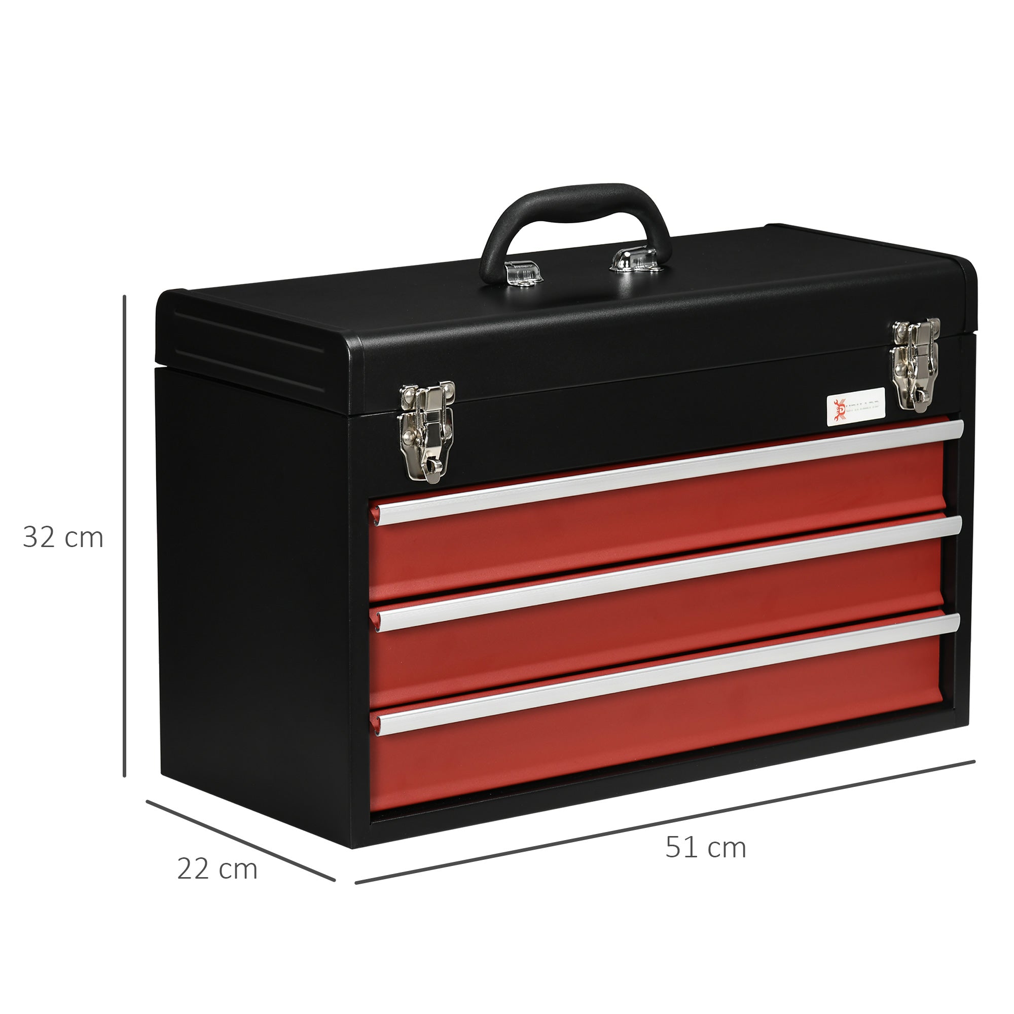 3 Drawer Tool Chest, Lockable Metal Tool Box with Ball Bearing Runners, Portable Toolbox, 510mm x 220mm x 320mm