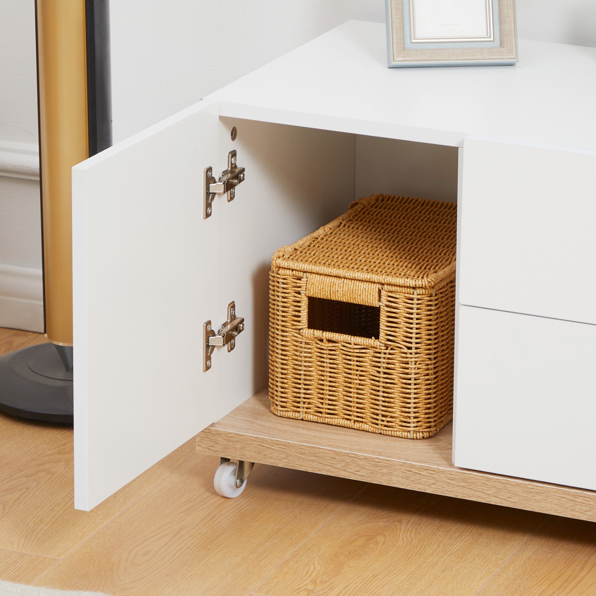 Modern TV Stand Unit for TVs up to 46" with Wheels, Storage Shelves and Drawers, 120cmx39cmx42cm, White and Natural