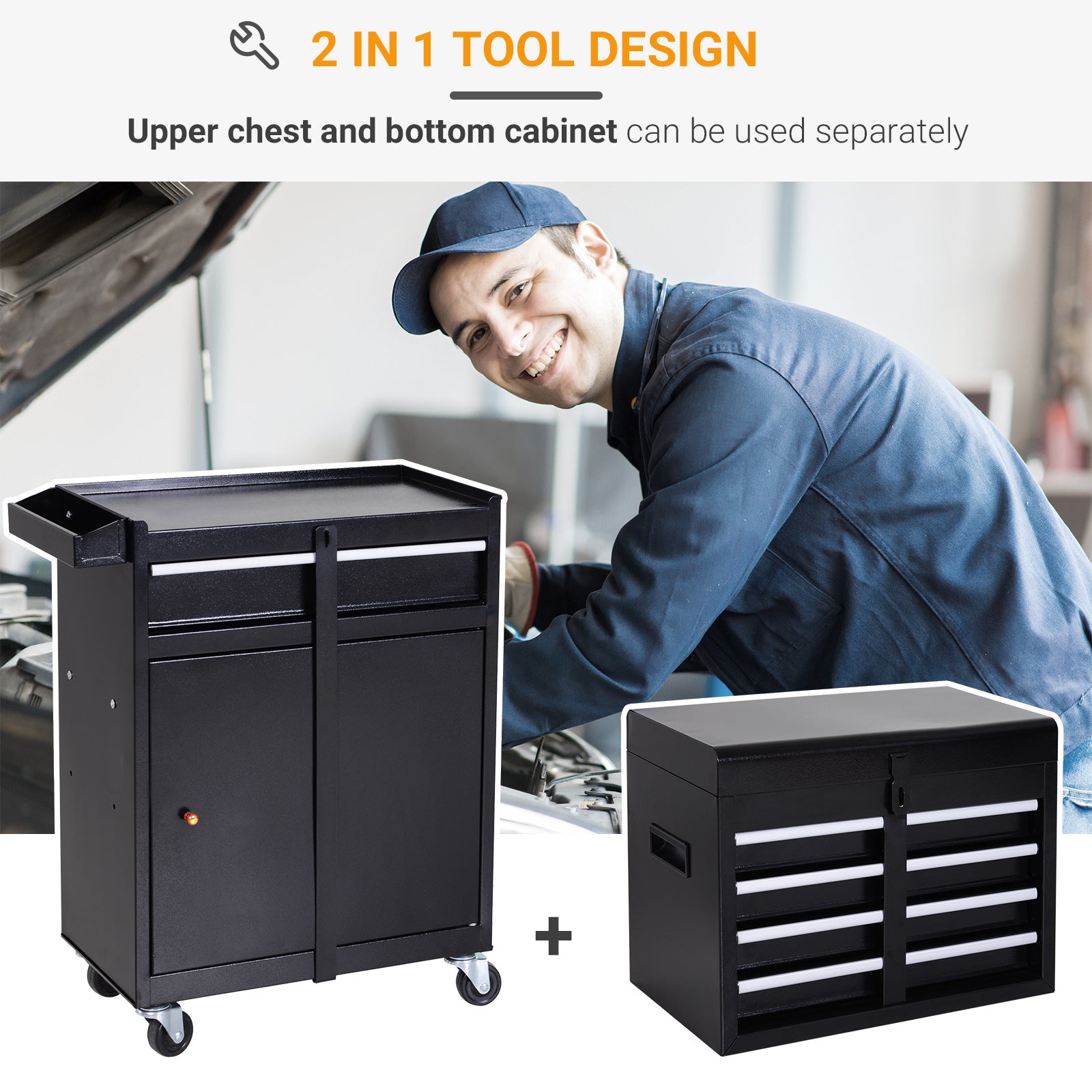 Tool Chest 2 in 1 Metal Tool Cabinet Storage Box with 5 Drawers Pegboard Wheels 60x28x104.5cm Black