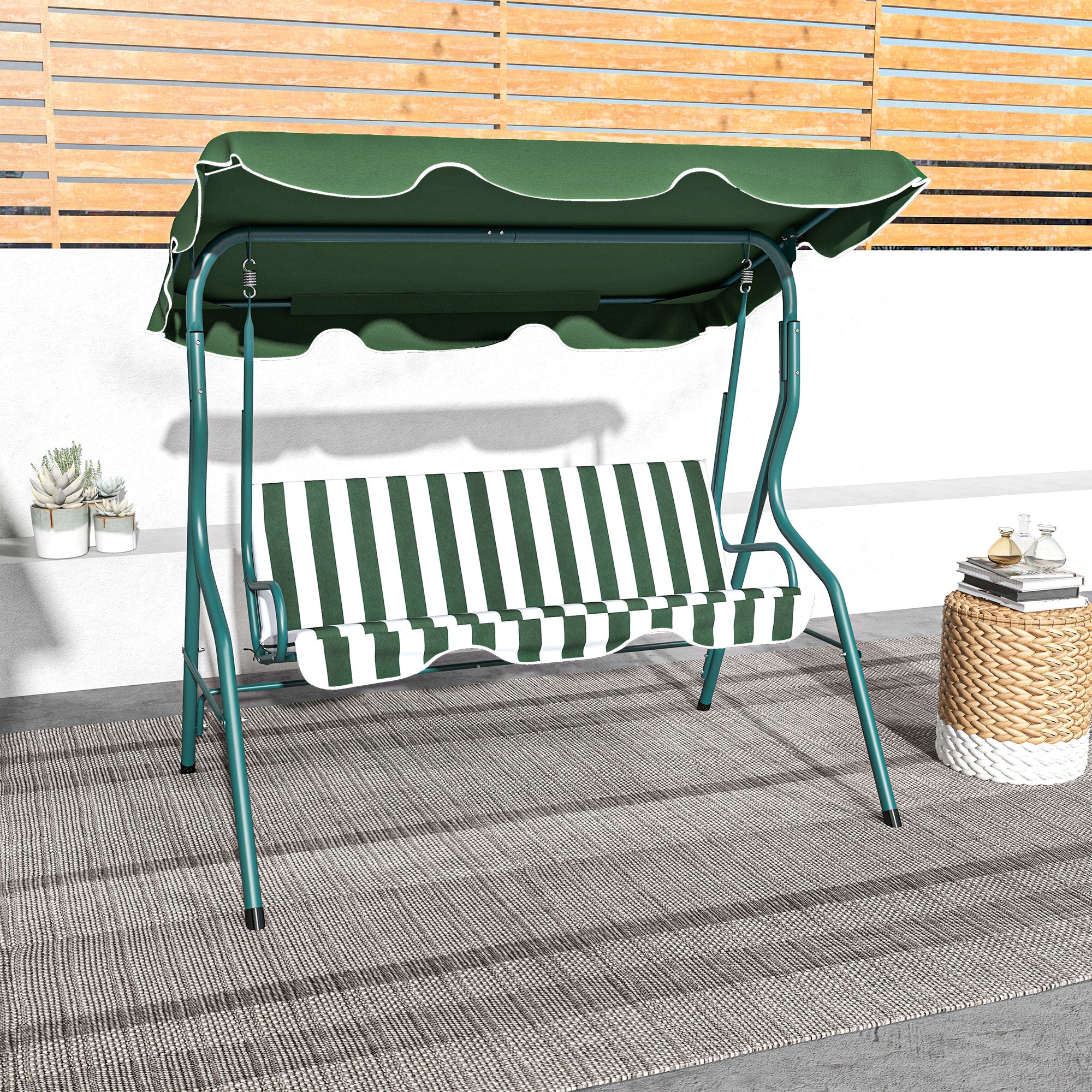3 Seater Garden Swing Seat Chair with Adjustable Canopy and Metal Frame - Green Stripes