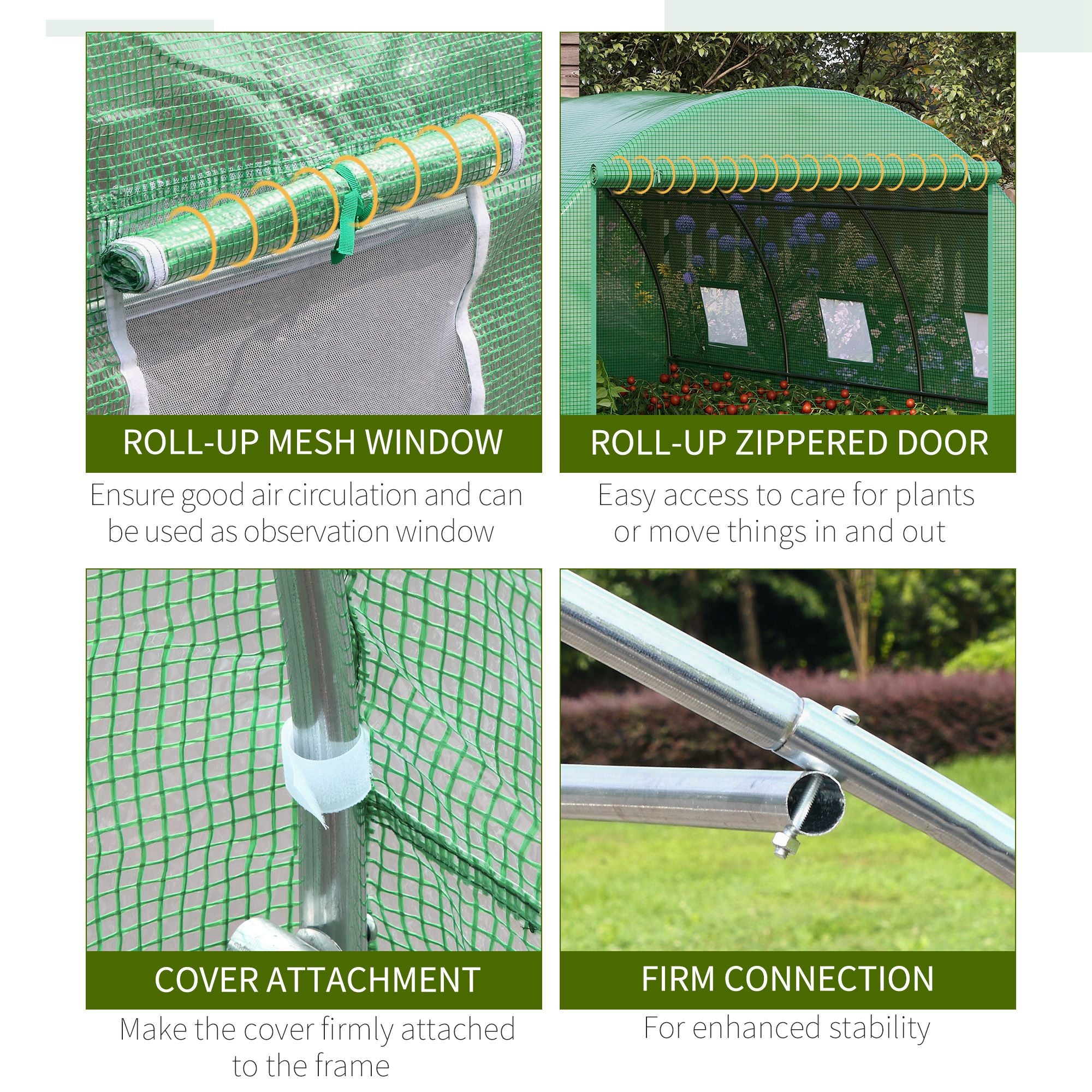 Walk-In Polytunnel Greenhouse, Outdoor Garden Greenhouse with PE Cover, Zippered Roll Up Door and 6 Windows, 4 x 3 x 2 m, Green