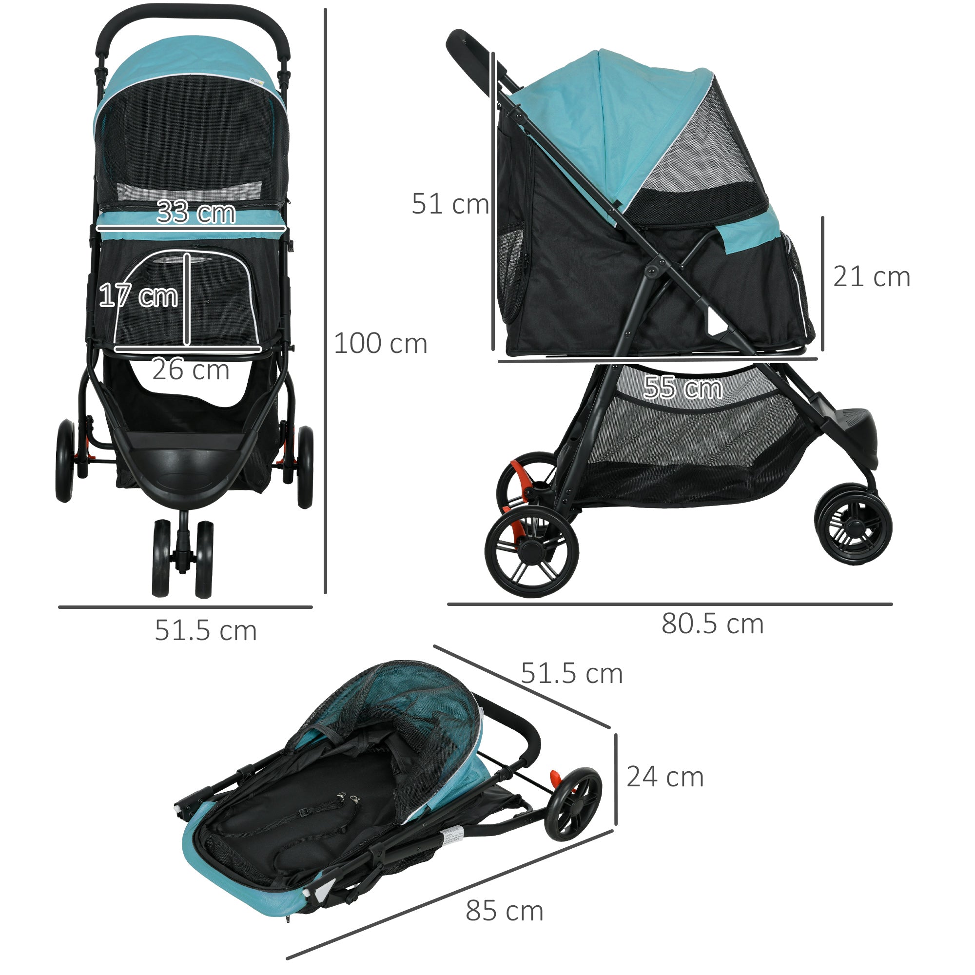 Foldable Pet Stroller with Rain Cover for XS and S-Sized Dogs Dark Green