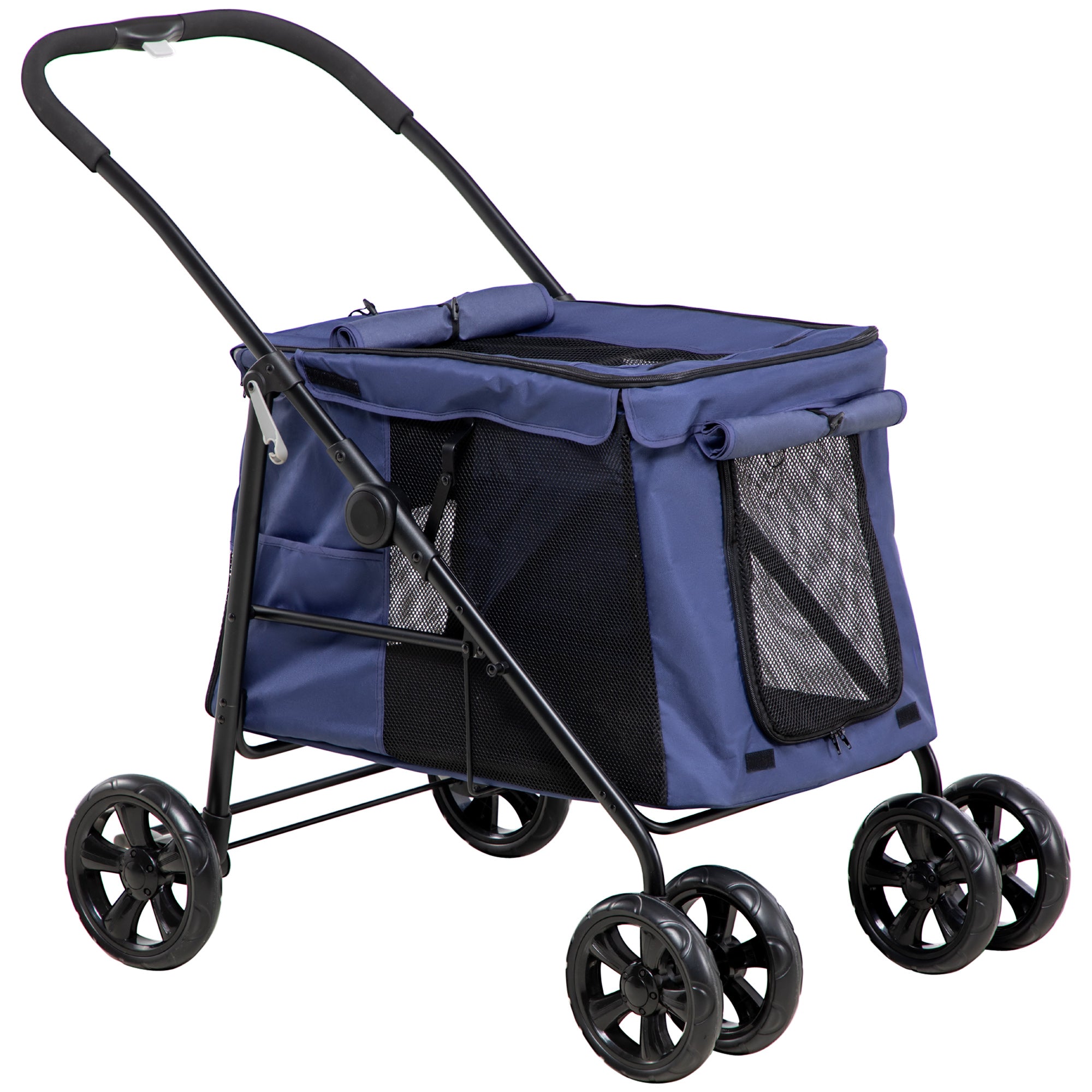 One-Click Foldable Dog Pushchair w/ EVA Wheels, Storage Bags, Mesh Windows, Doors, Safety Leash, Cushion, for Small Pets - Dark Blue