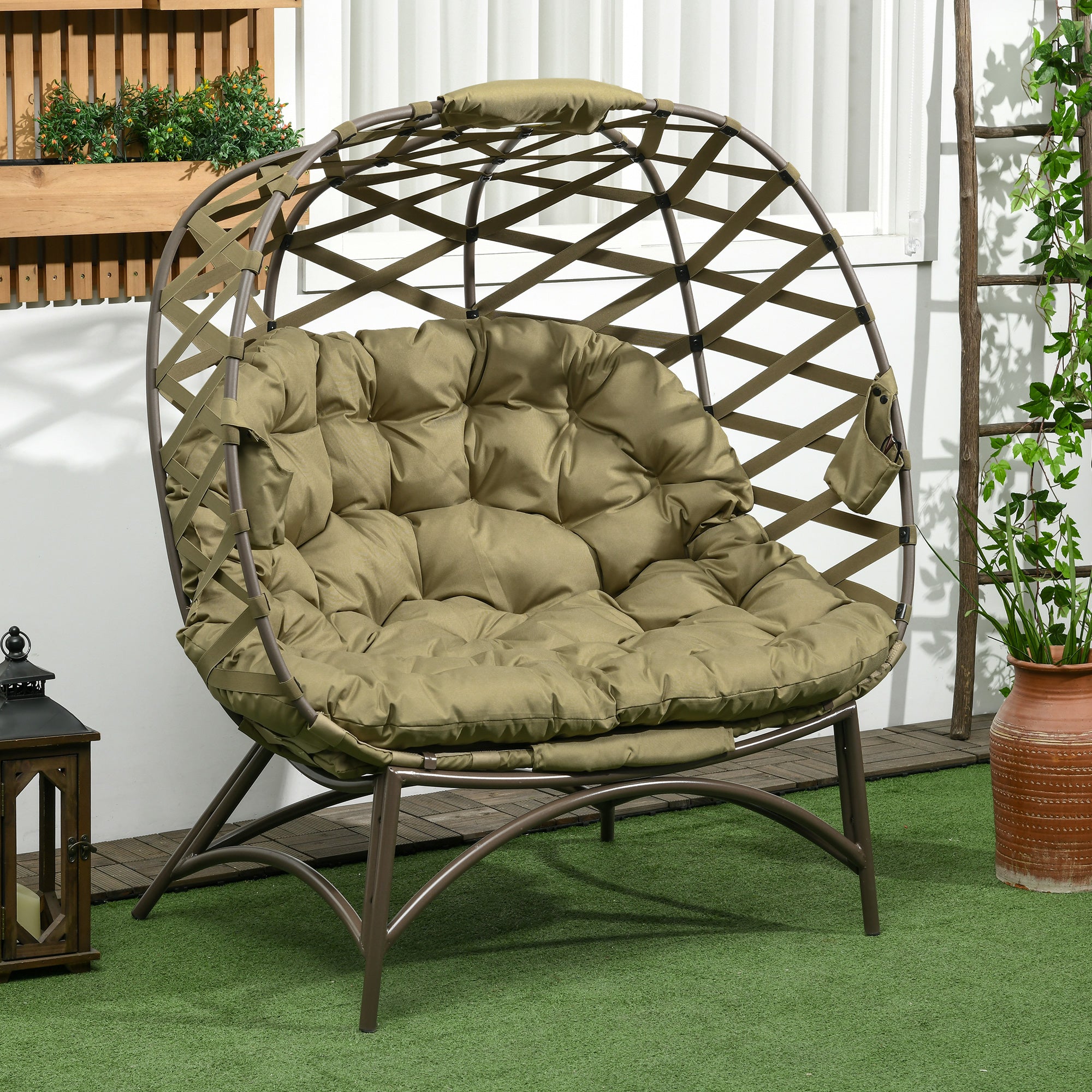 2 Seater Outdoor Egg Chair with Cushions and Cup Holders - Khaki