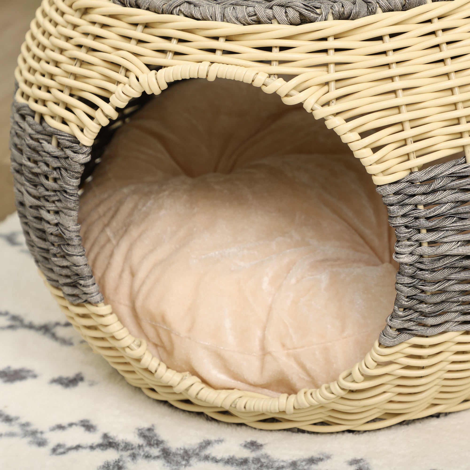 Wicker Cat House, Rattan Raised Cat Bed, Cosy Kitten Cave with Soft Washable Cushion, ?40 x 30cm