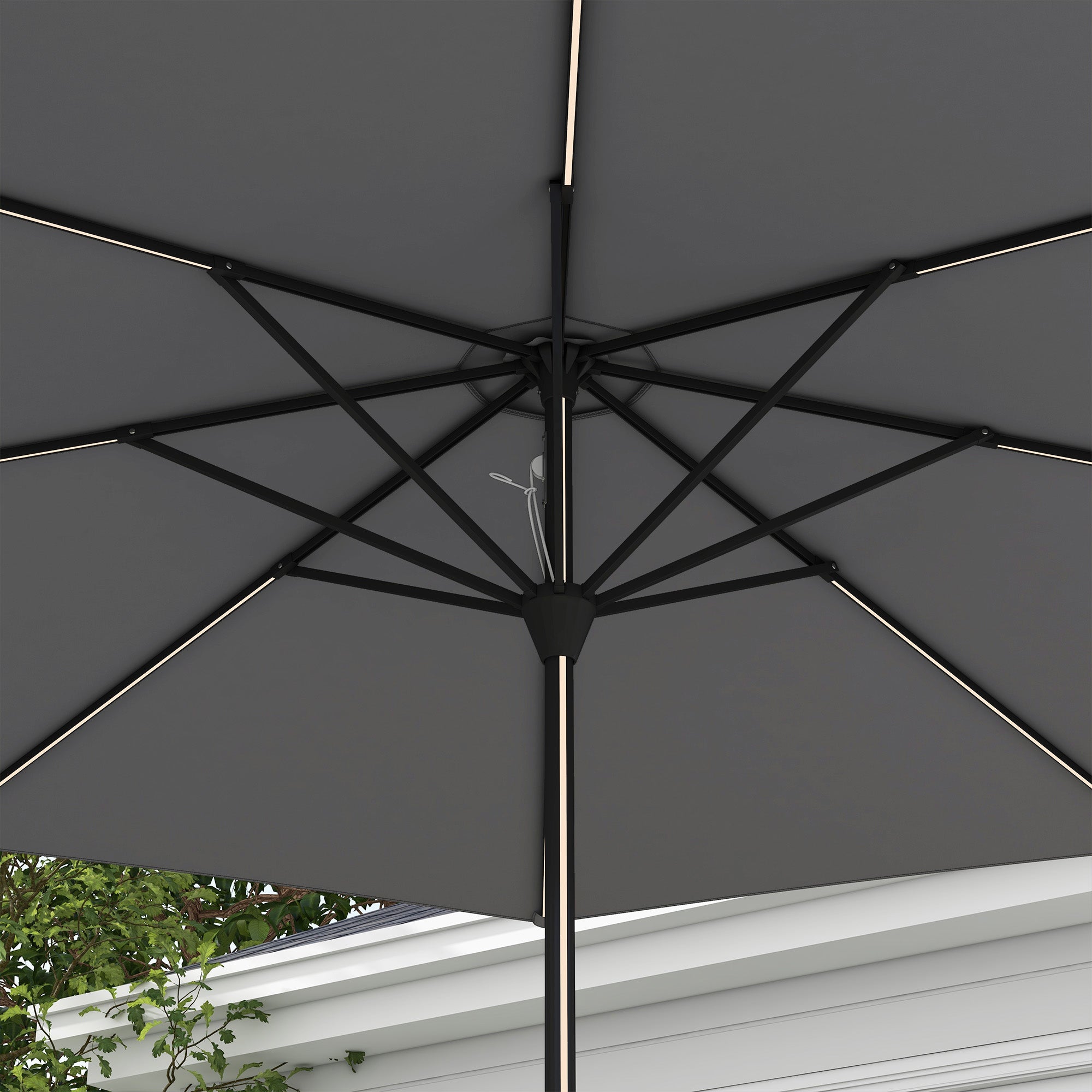 Garden Parasol with LED Lights, Solar Charged Patio Umbrella with Crank Handle, for Outdoor, Charcoal Grey