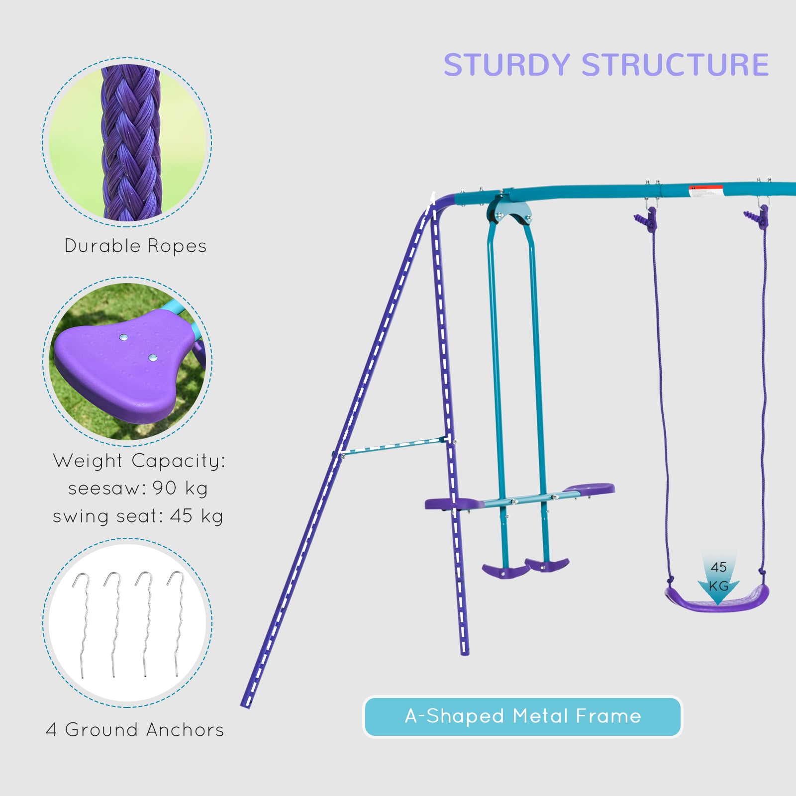 Height Adjustable Metal Swing Set with Glider, Two Swing Seats and Adjustable Height, Outdoor Heavy Duty A-Frame