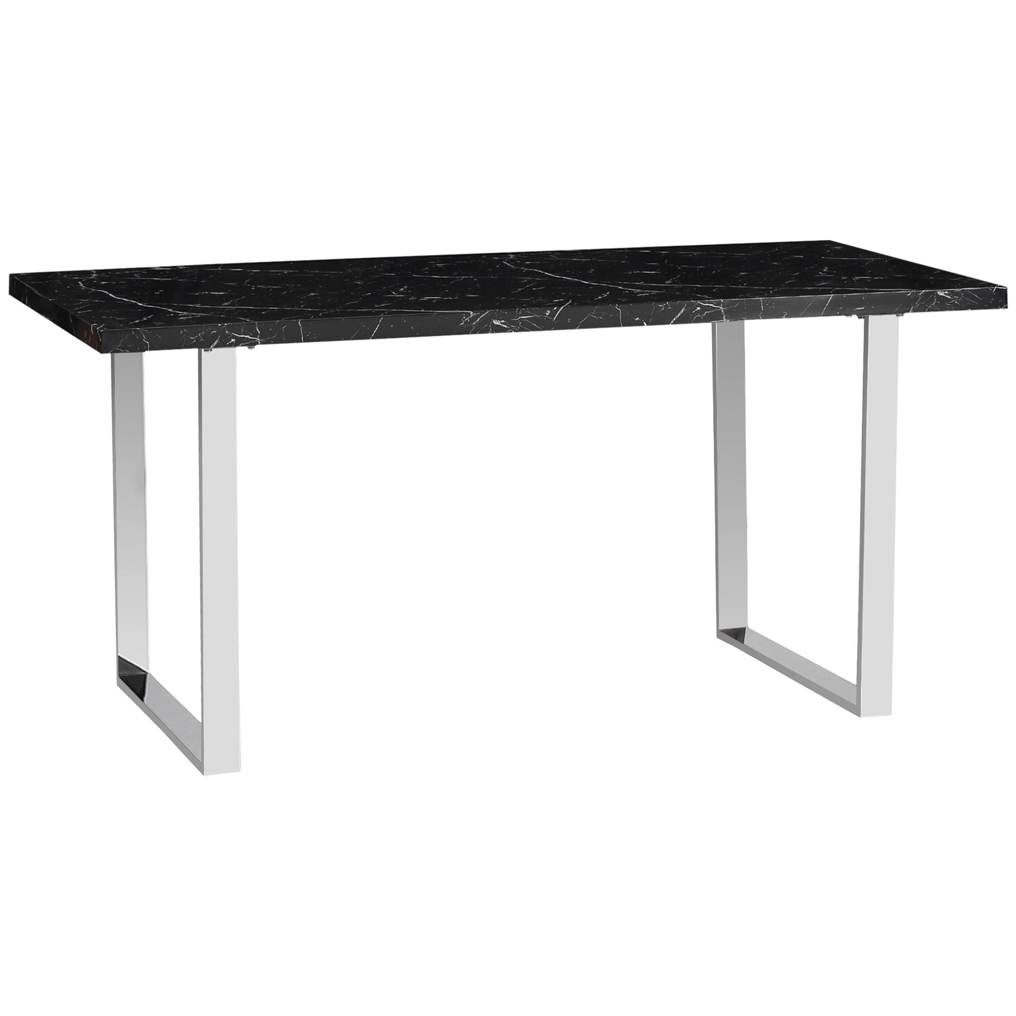 Modern Dining Room Table Rectangular Kitchen Table for 6-8 People with Marble Effect Tabletop Steel Legs 155 cm Black