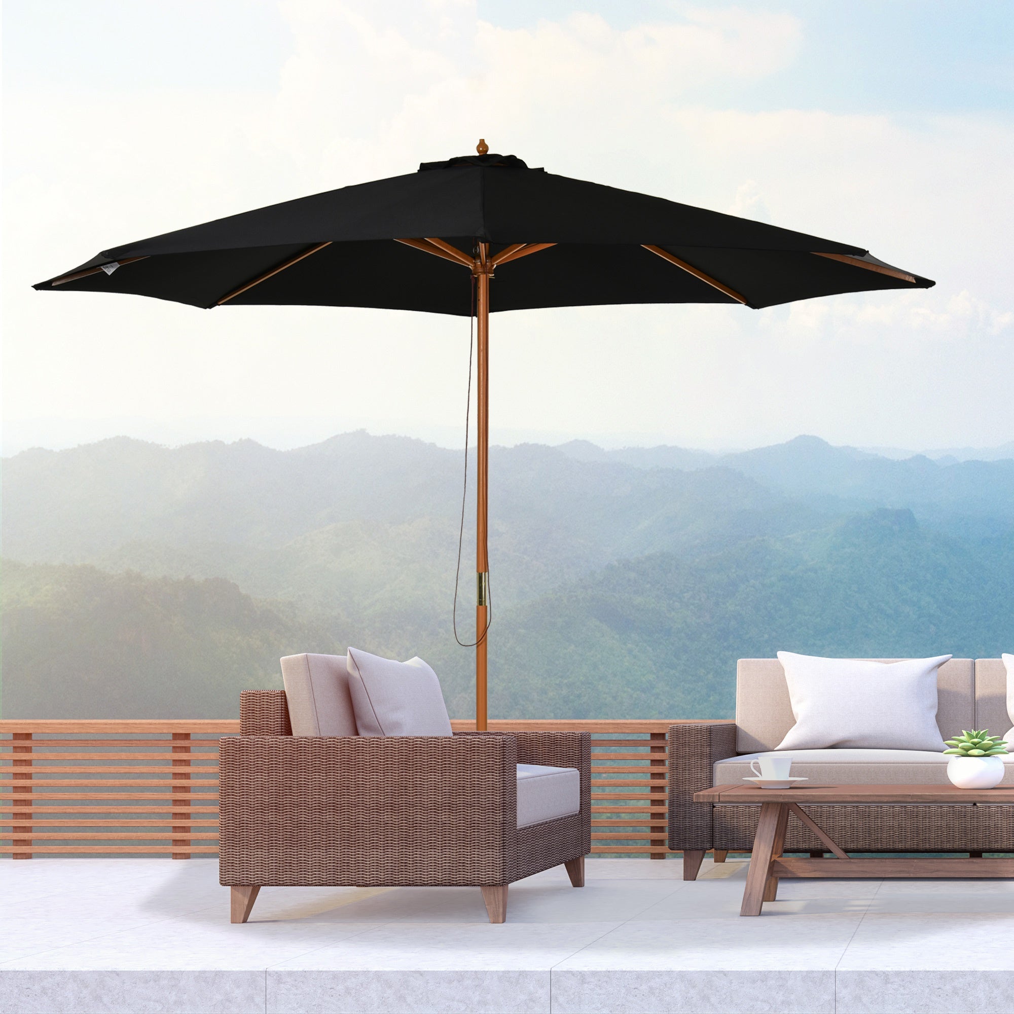 ⌀3m Bamboo Wooden Market Patio Umbrella Garden Parasol Outdoor Sunshade Canopy, 8-ribs,Black