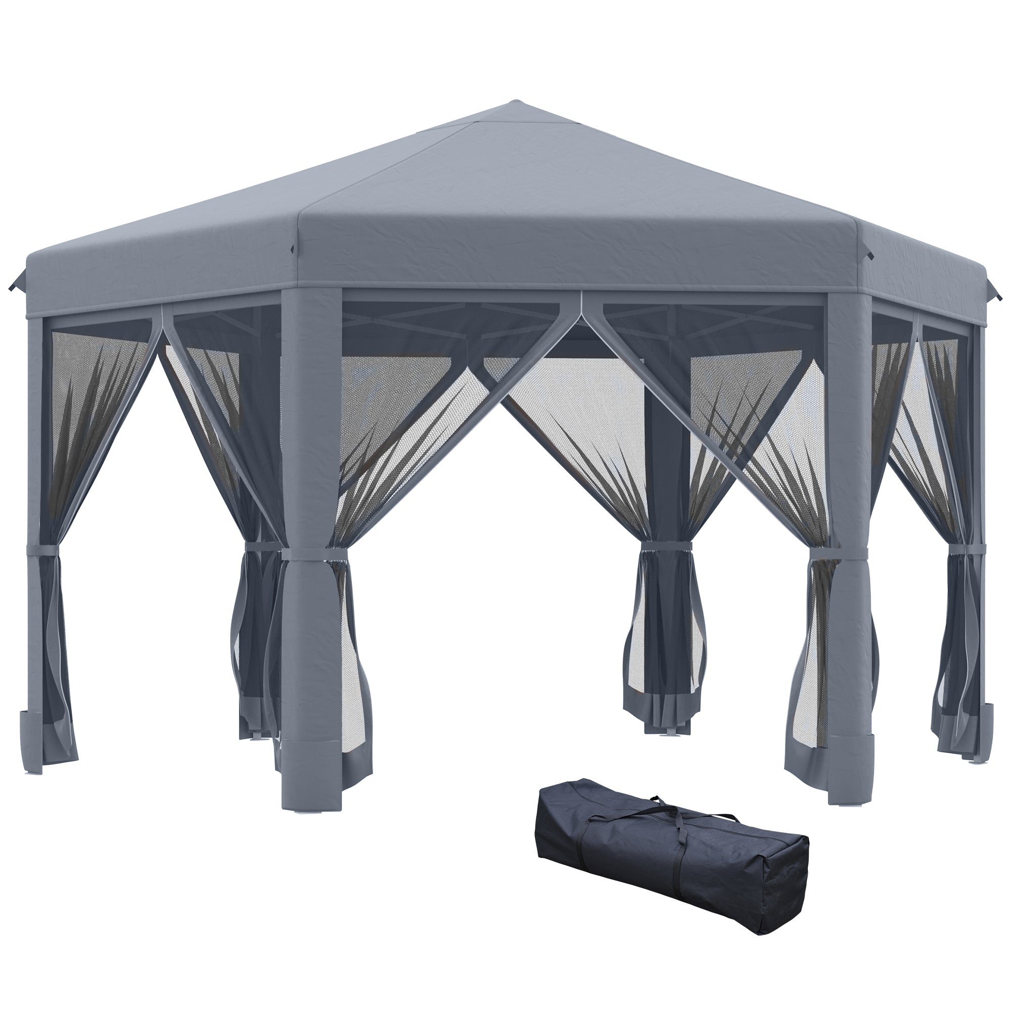 3.2m Canopy Rentals Pop Up Gazebo Hexagonal Canopy Tent Outdoor Sun Protection w/ Mesh Sidewalls, Handy Bag, Grey