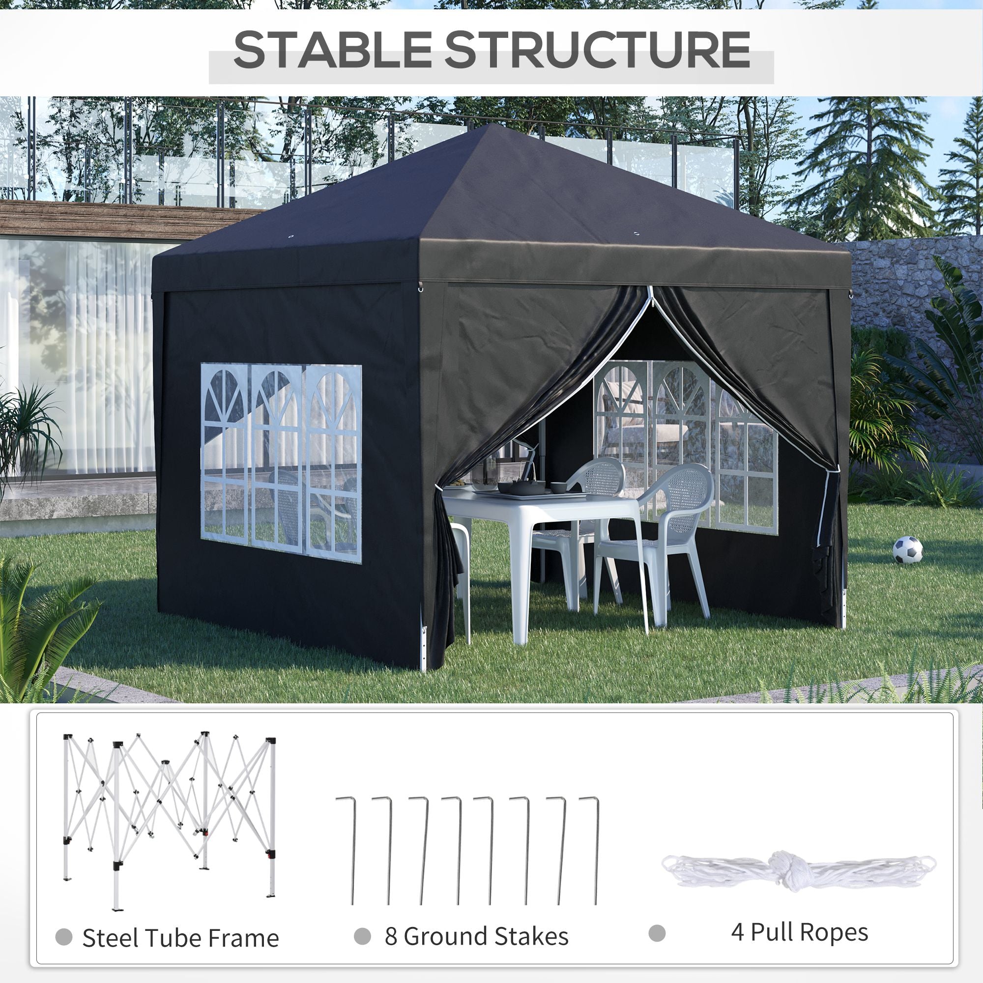 3 x 3 Meters Pop Up Water Resistant Gazebo Wedding Camping Party Tent Canopy Marquee with Carry Bag and 2 Windows, Black