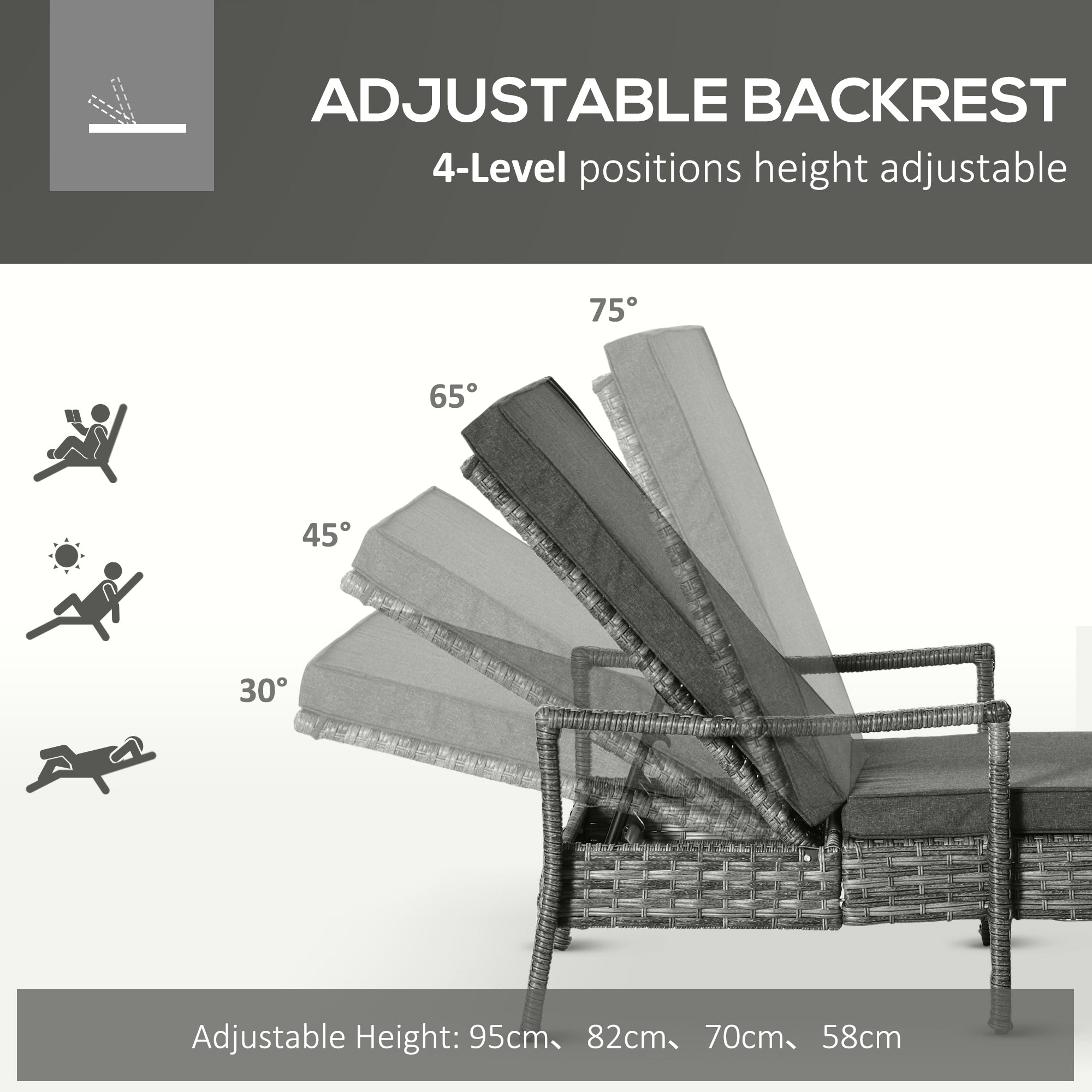 PE Rattan Sun Loungers set of 2 with Cushion, Outdoor 2 Pieces Garden Sunbed Furniture with 4-Level Recliner Backrest, and Armrest, Grey