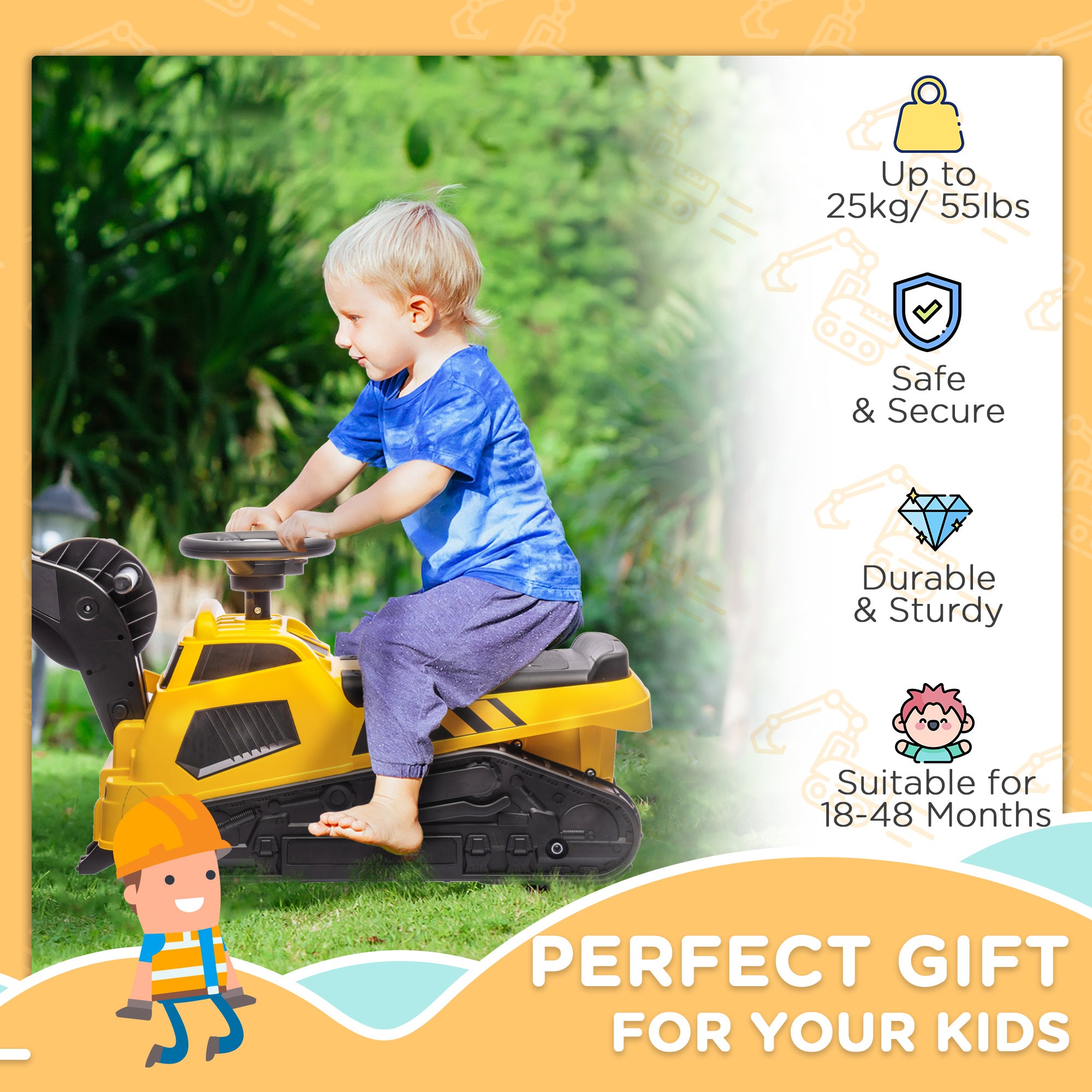 Ride on Tractor, 3 in 1 Ride on Excavator, Bulldozer, Road Roller, Pretend Play Construction No Power Truck w/ Music, for 18-48 Months, Yellow