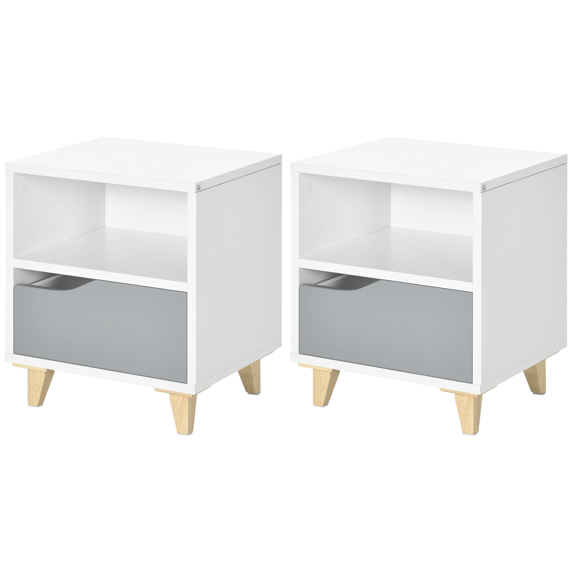 Modern Bedside Table, Side End Table with Shelf, Drawer and Wood Legs, 36.8cmx33cmx43.8cm, White and Grey