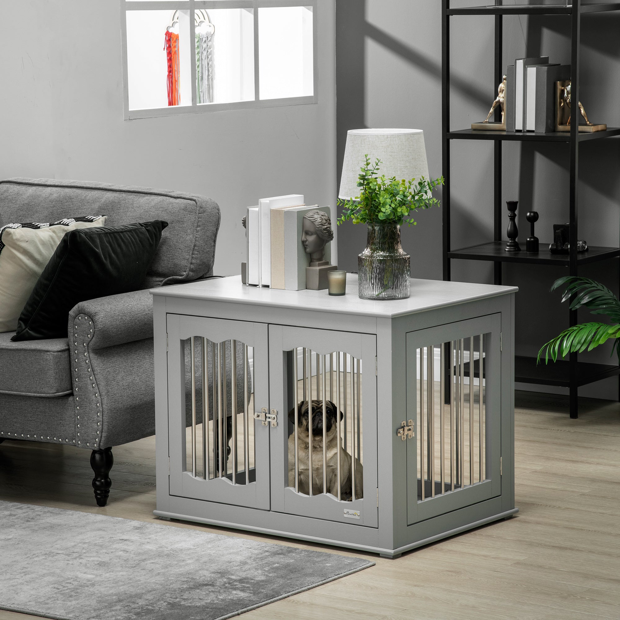 Dog Crate End Table with Three Doors, Furniture Style Dog Crate for Medium Dogs with Locks & Latches, Grey