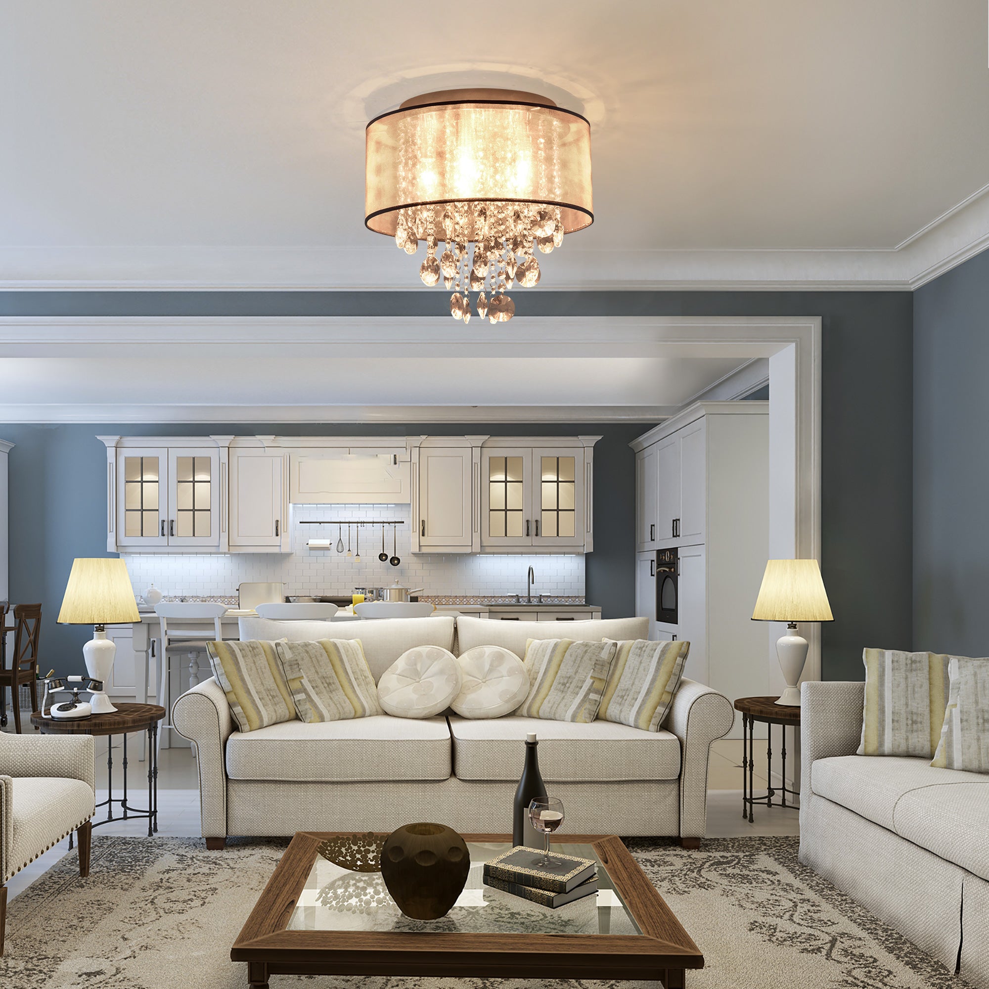 Modern Crystal Chandelier Flush Mount LED Ceiling Light with Drum Shade for Living Room Bedroom Dining Room Silver