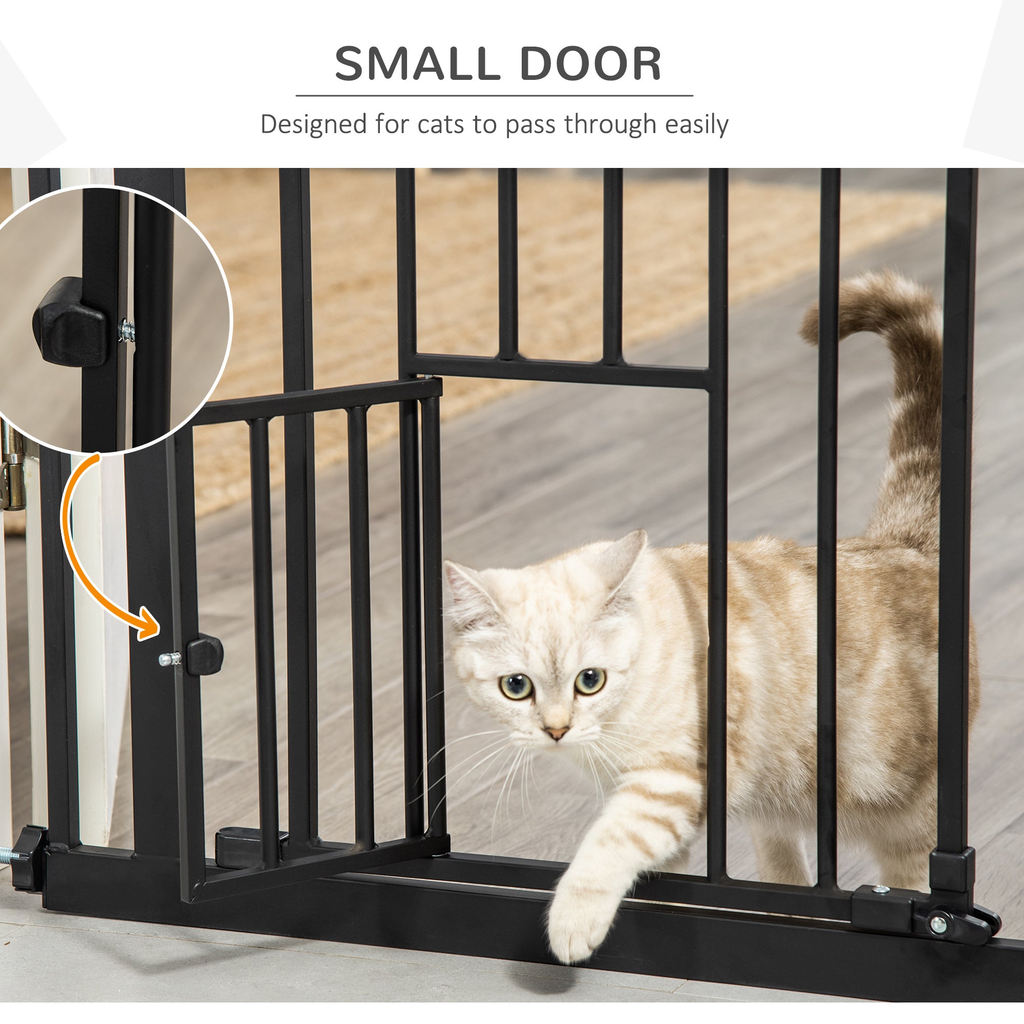 Extra Tall Dog Gate with Cat Door, Pet Safety Gate for Doorways Stairs with Auto Close Double Locking, 104 cm Tall 74-80 cm Wide, Black