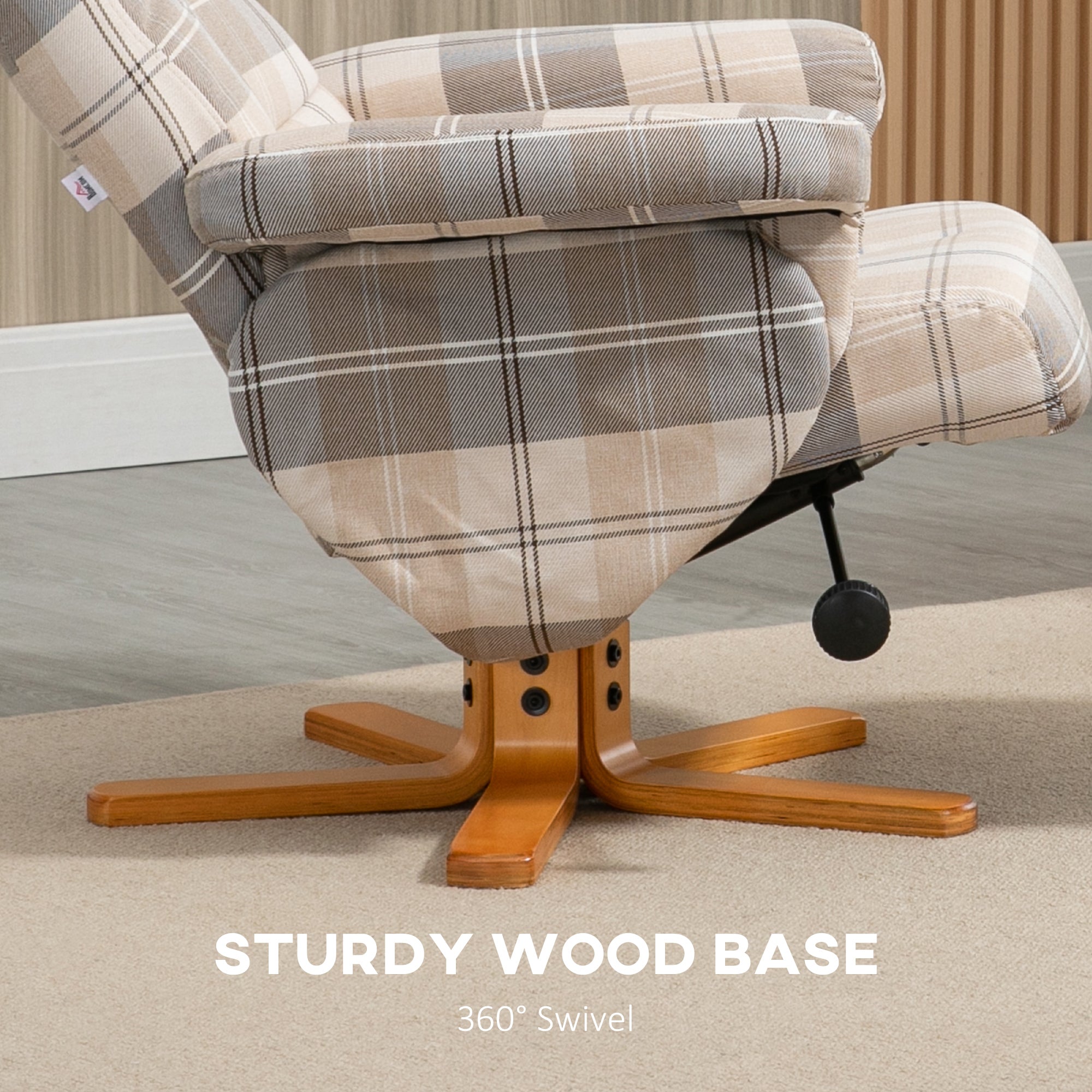 Linen Swivel Recliner Chair with Storage Ottoman and Wooden Base - Multicolour