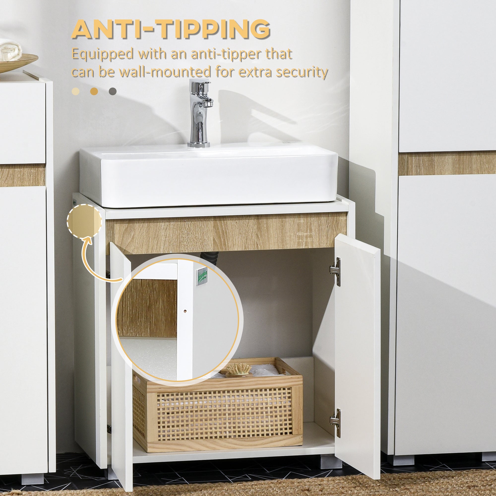 Modern Bathroom Sink Cabinet, Floor Standing Under Sink Cabinet, Freestanding Storage Cupboard with Double Doors, White