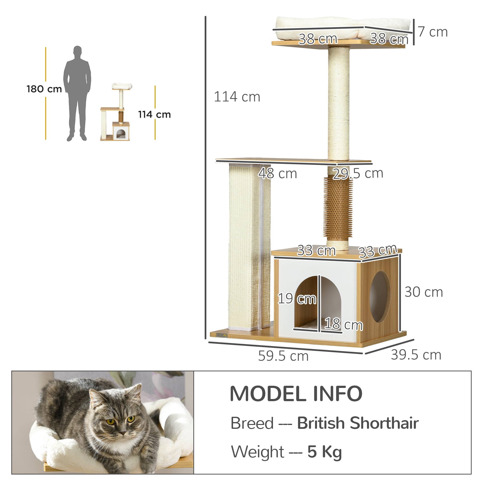 Cat Tree with Scratching Posts, Cat House, Cat Bed, Perches, 59.5 x 39.5 x 114 cm, Oak Tone