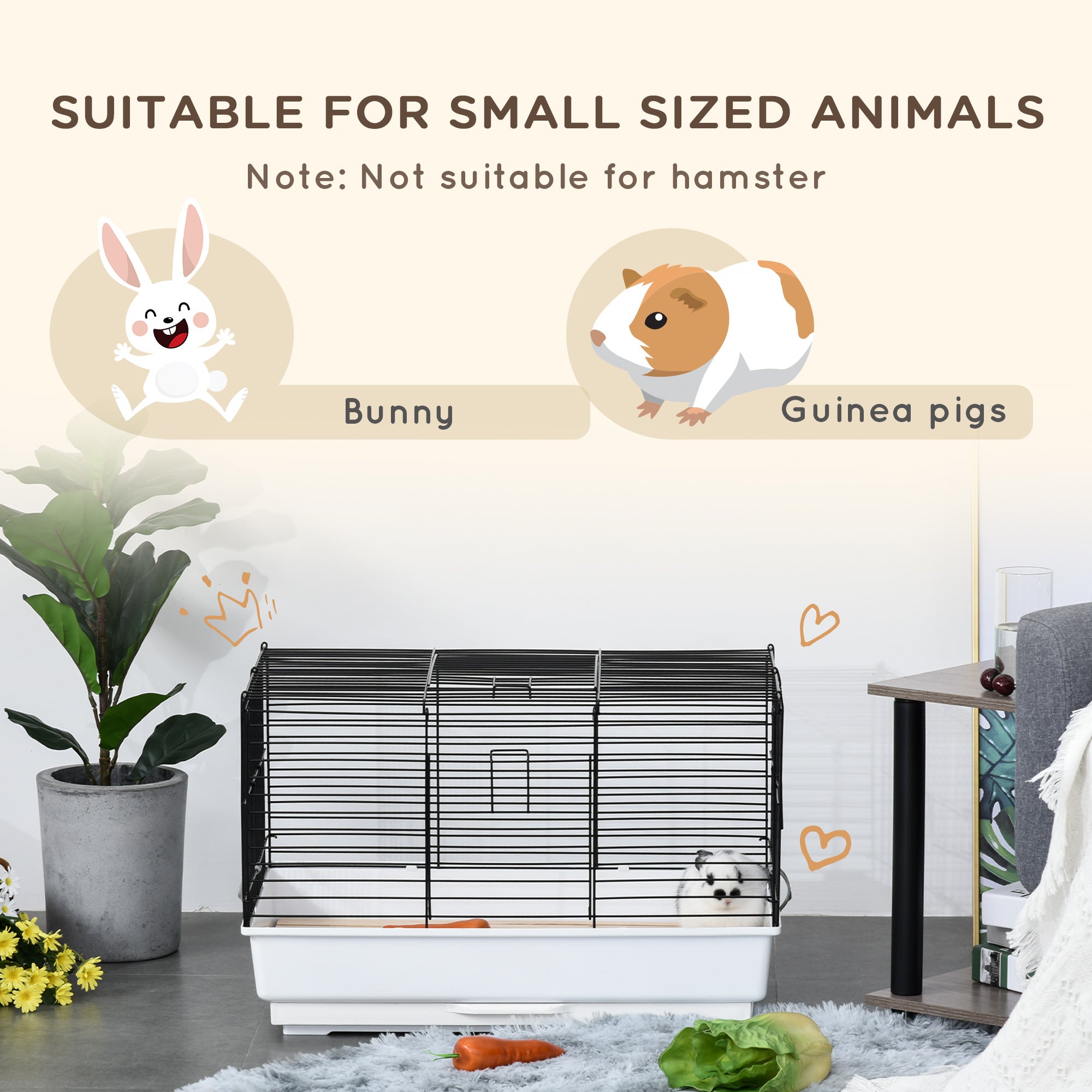 Indoor Small Animal Cage with Wood Floor, Bunny Guinea Pig House with Removable Tray, 61.5 x 38 x 40 cm, White