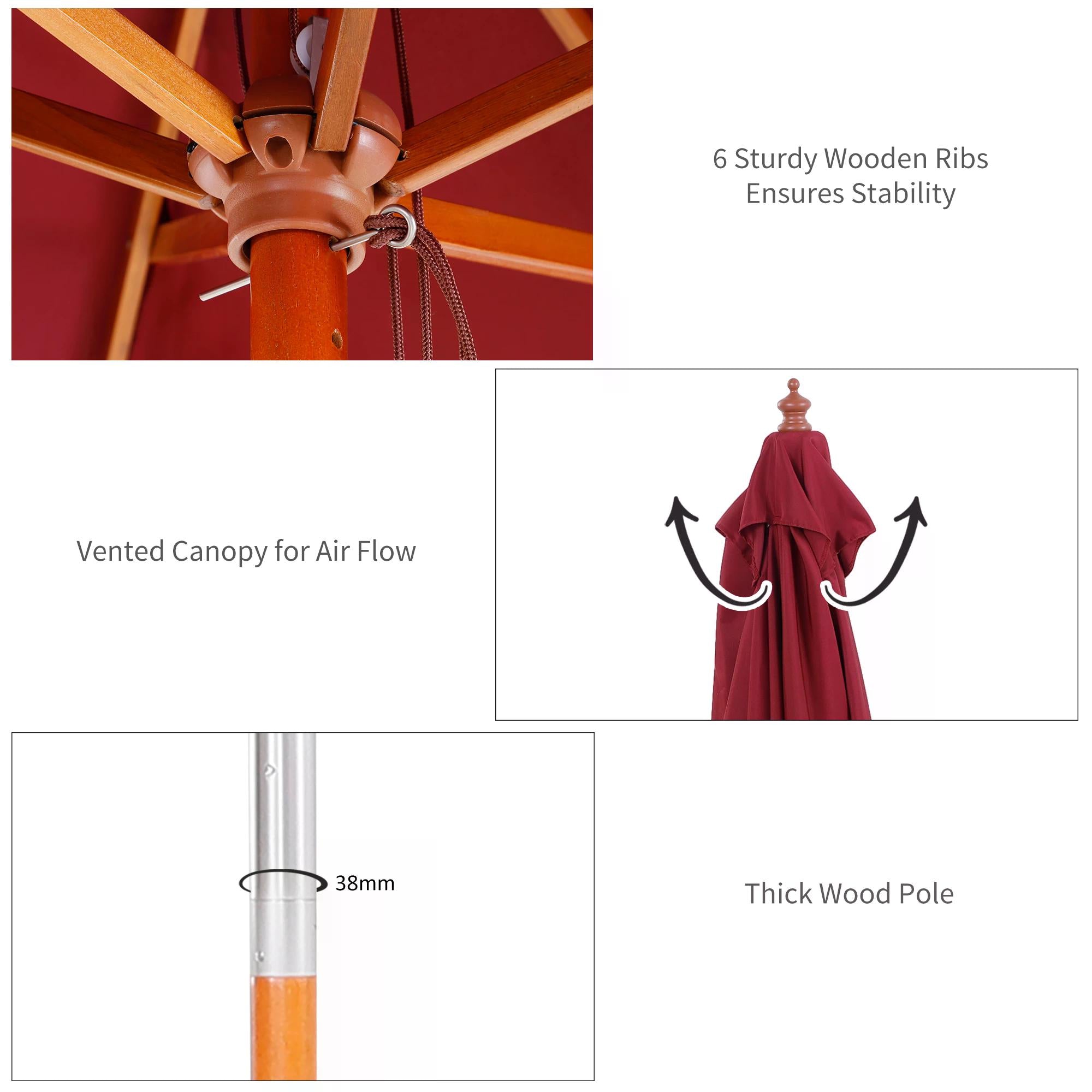 2 Piece Patio Garden Parasol Set with Fir Wood Pole - Wine Red