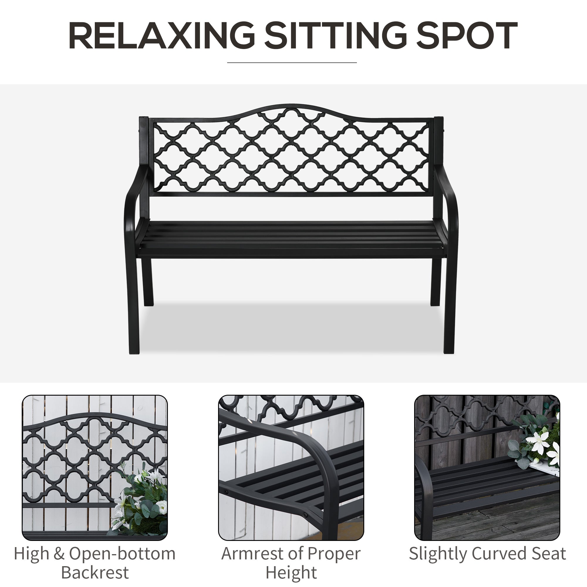 2 Seater Cast Iron Garden Bench with Armrest - Matte Black