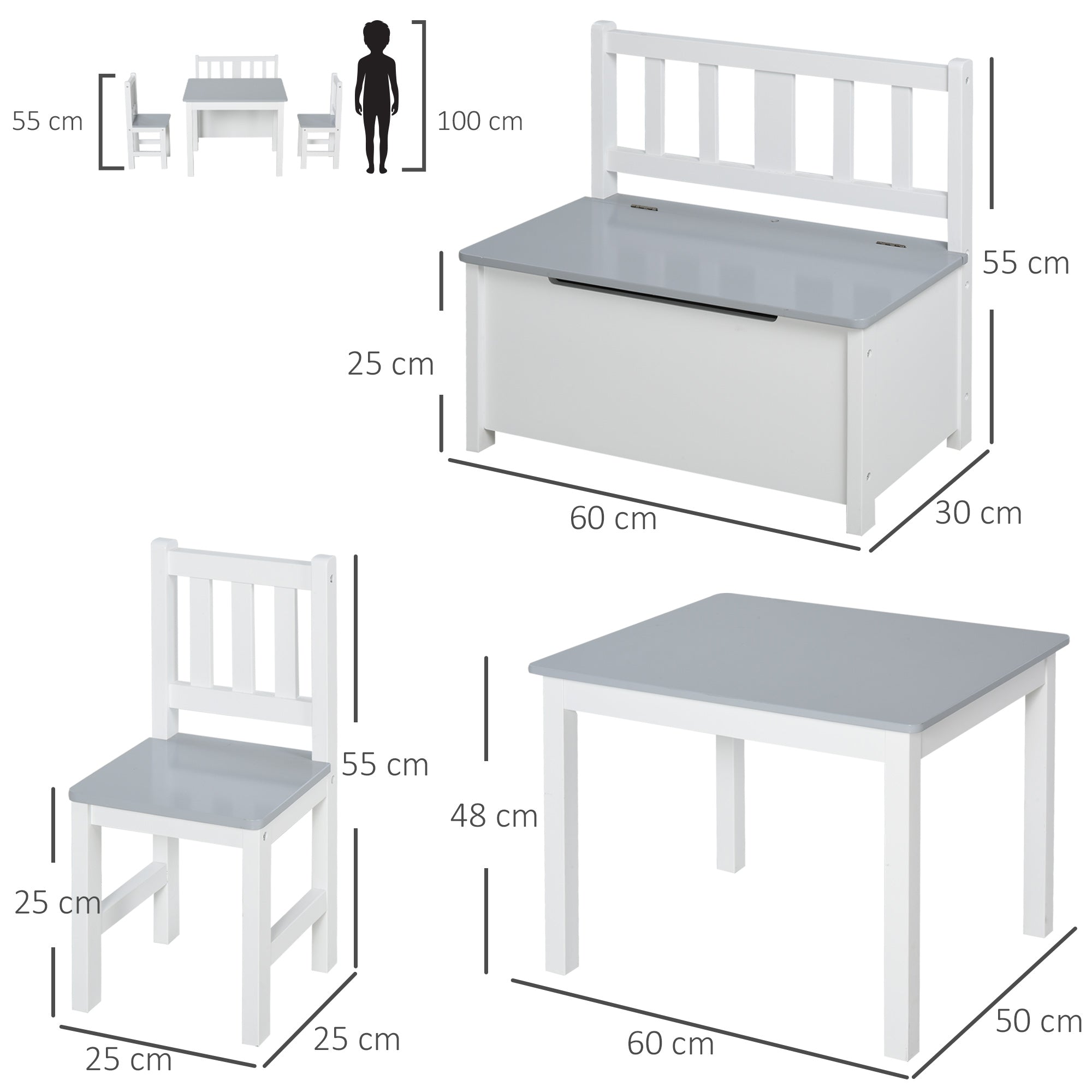 4-Piece Kids Table Set with 2 Wooden Chairs and Storage Bench - Grey/White