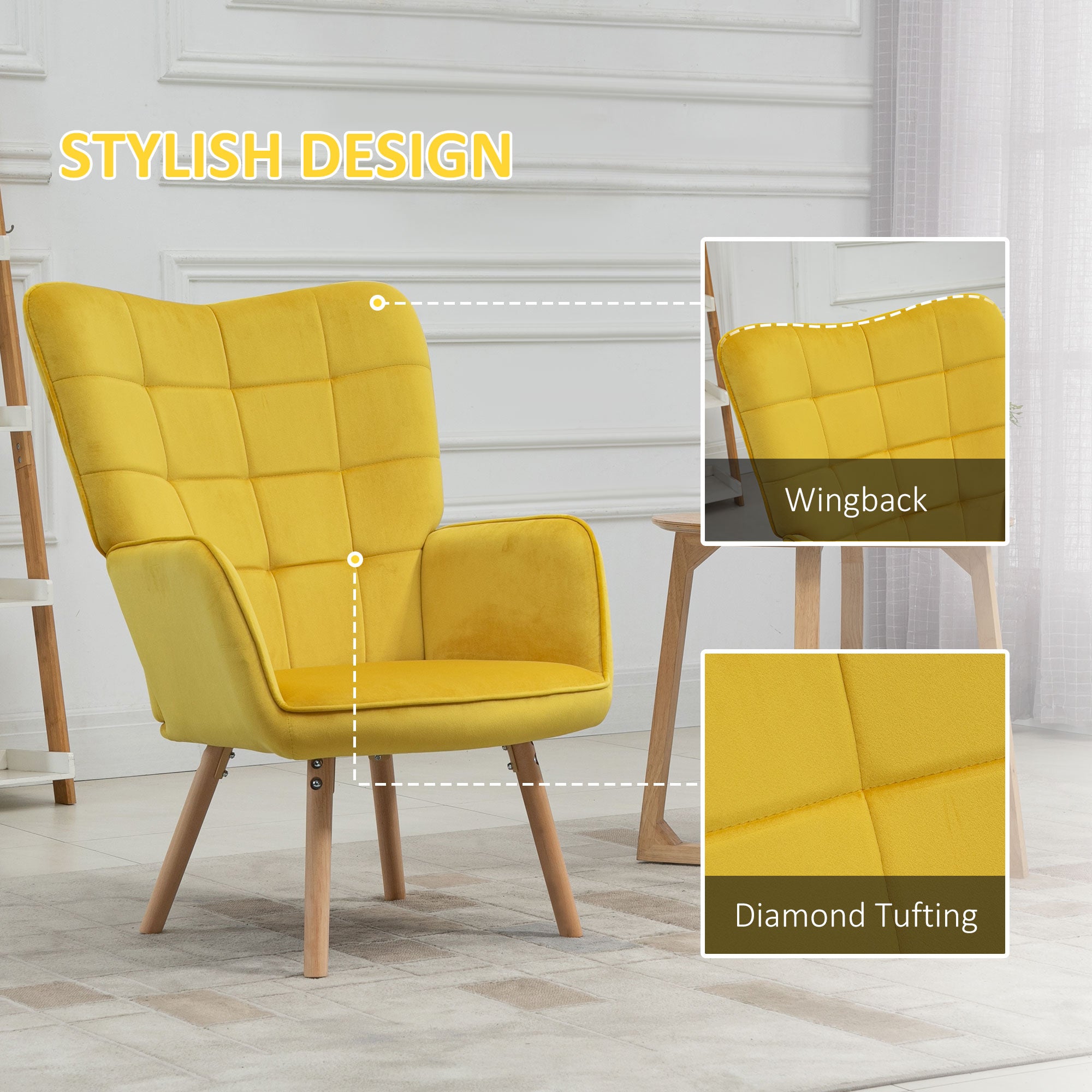 Modern Accent Chair Velvet-Touch Tufted Wingback Armchair Upholstered Leisure Lounge Sofa Club Chair with Wood Legs, Yellow