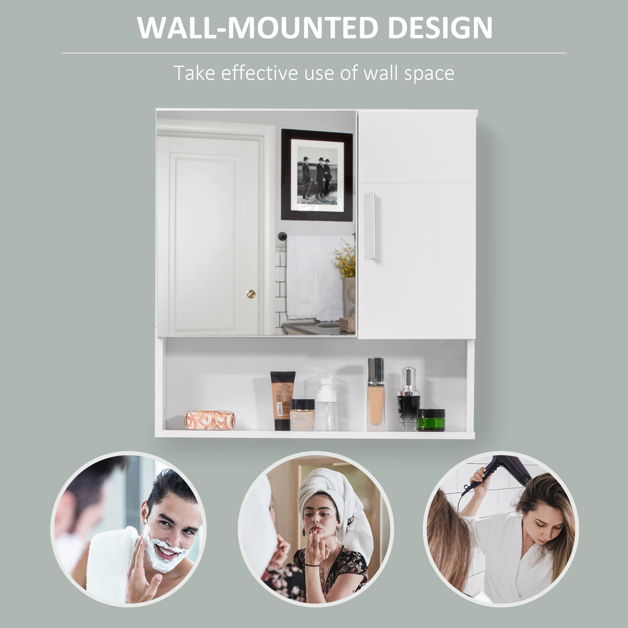 Bathroom Mirror Cabinet, Wall Mounted Storage Cupboard Organizer with Double Doors and Adjustable Shelf, White