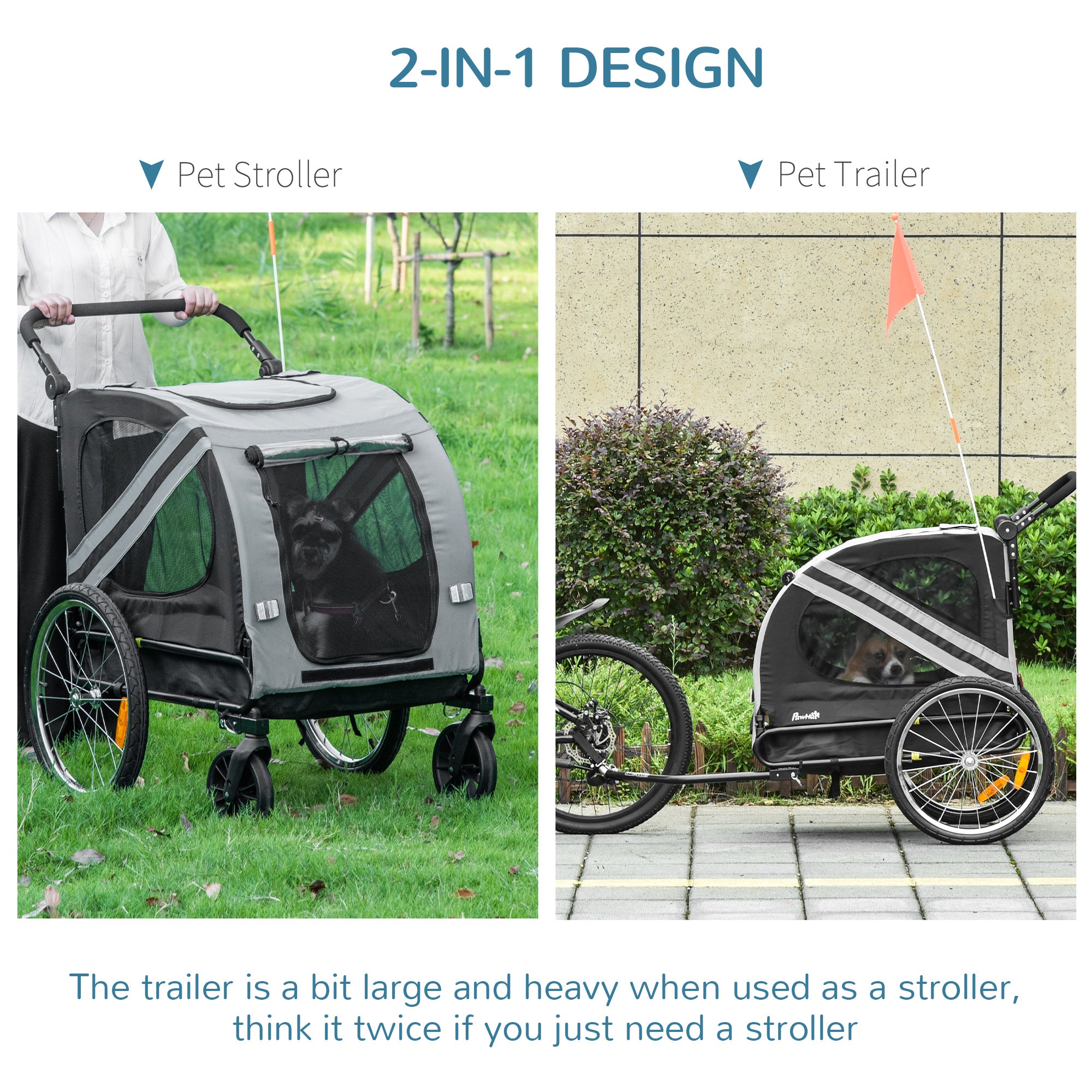 Dog Bike Trailer 2-in-1 Pet Stroller Cart Bicycle Carrier Attachment for Travel in steel frame with Universal Wheel Reflectors Flag Grey