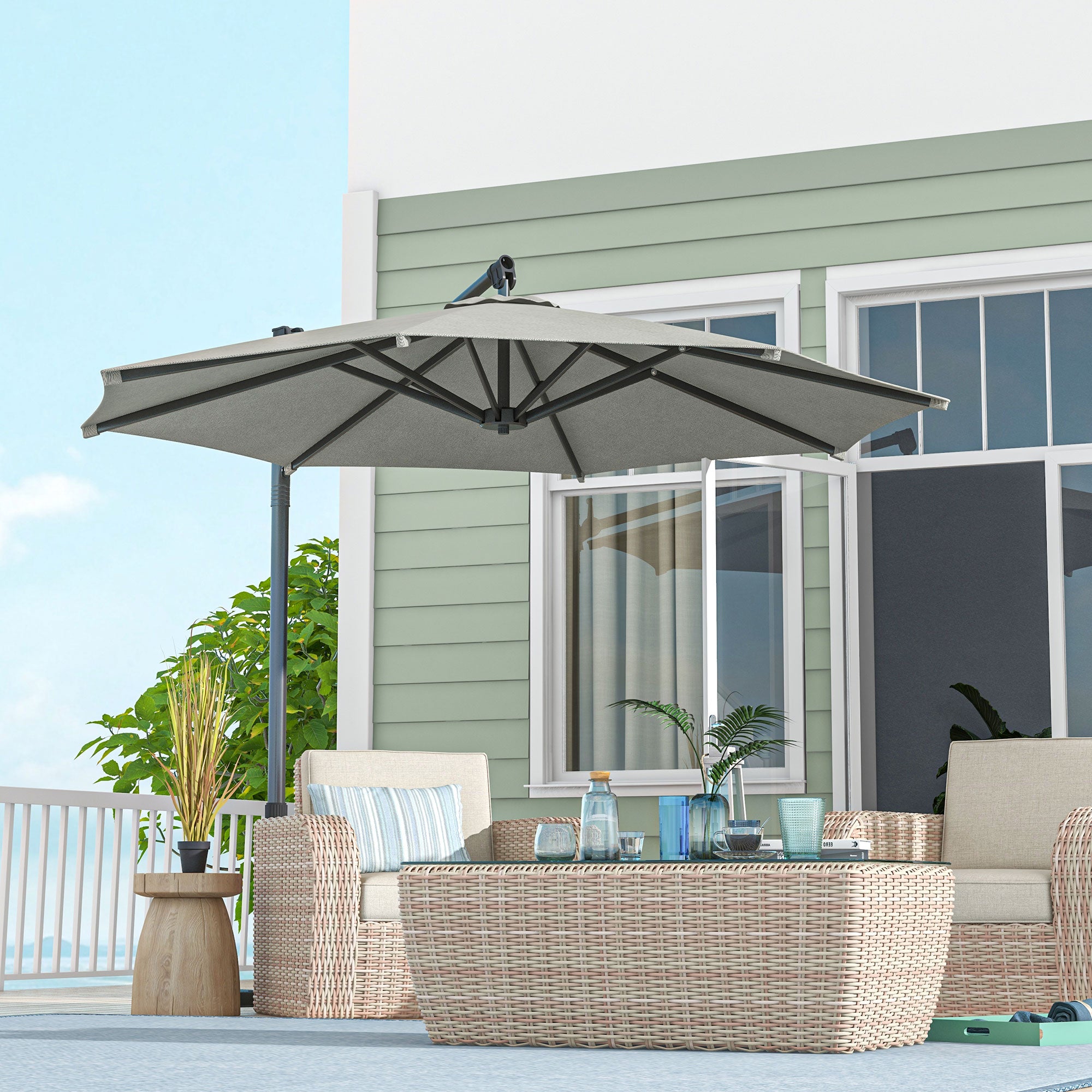 3 m Cantilever Banana Parasol with Cross Base, 360° Rotation Patio Umbrella with Crank Handle, Tilt, Beige