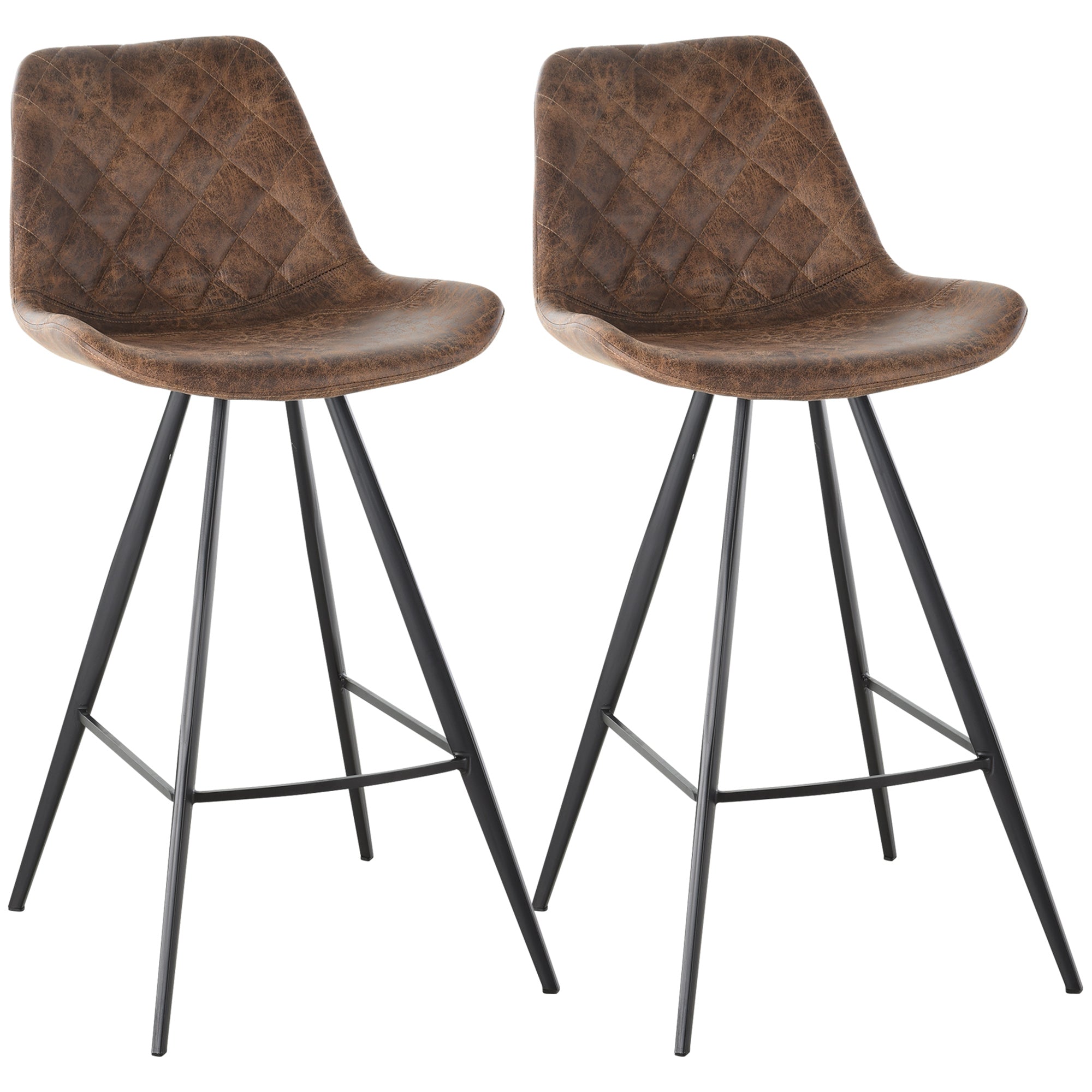 Set Of 2 Bar Stools Vintage Microfiber Cloth Tub Seats Padded Comfortable Steel Frame Footrest Quilted Home Cafe Kitchen Chair Stylish Brown