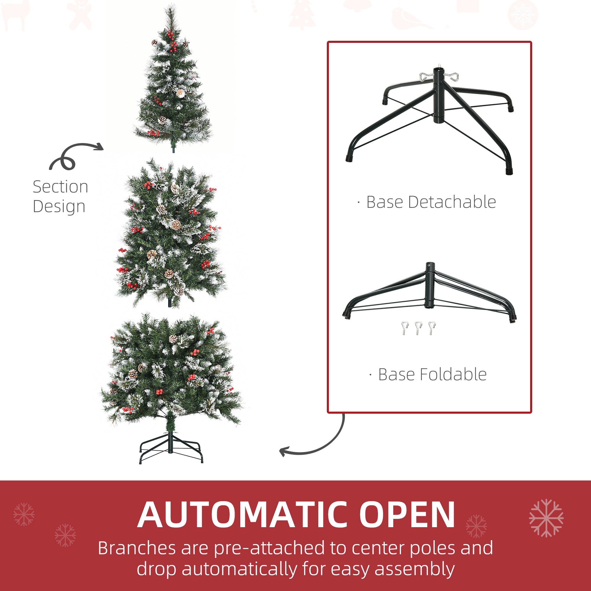 7 Foot Snow Dipped Artificial Christmas Tree Slim Pencil Xmas Tree with 738 Realistic Branches, Pine Cones, Red Berries, Auto Open, Green