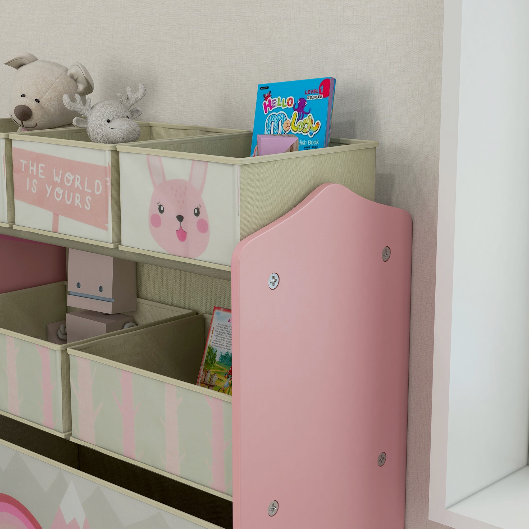 Kids Storage Units with 6 Fabric Bins, Childrens Toy Storage Organiser for Bedroom, Nursery, 63 x 30 x 66cm, Pink