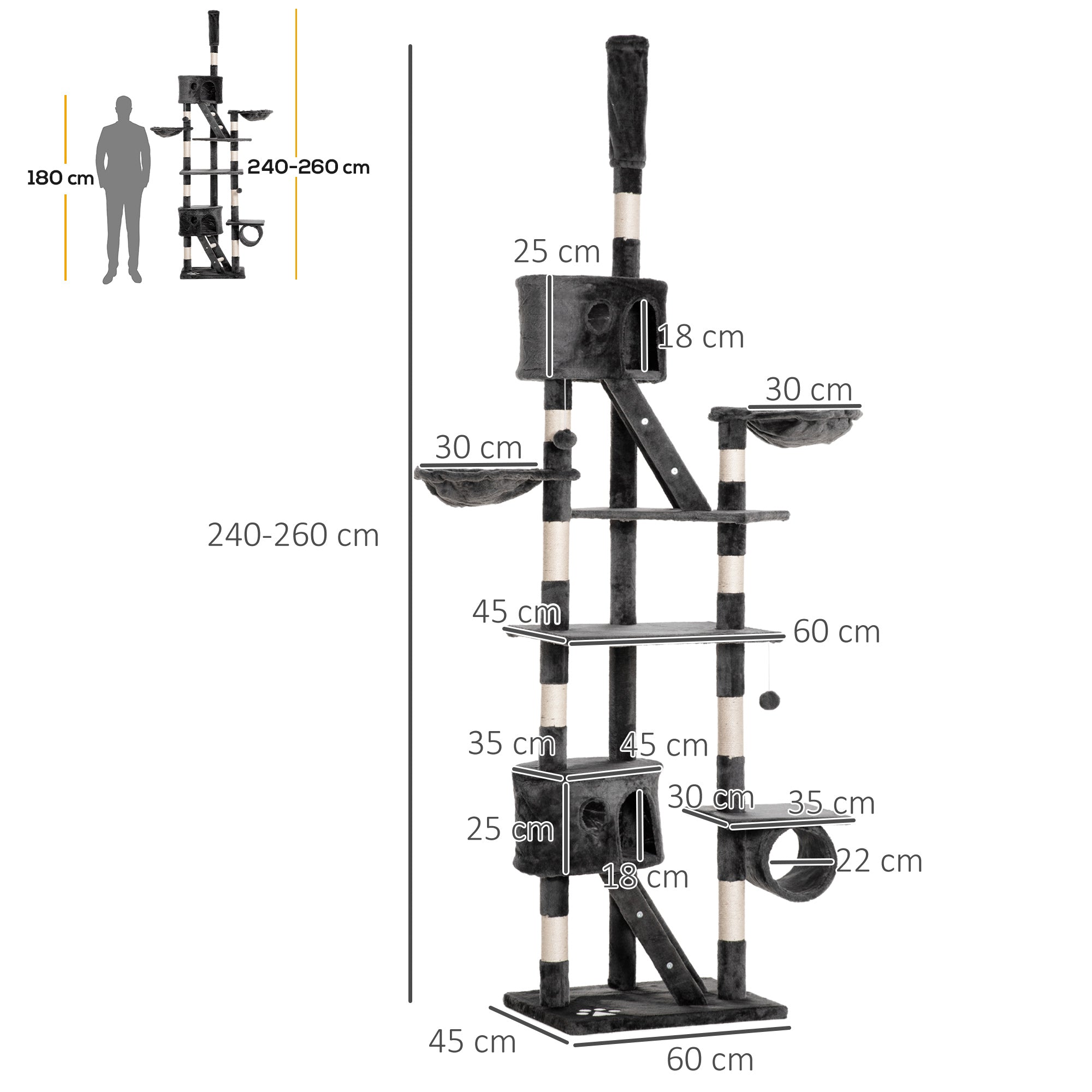 Floor to Ceiling Cat Tree for Indoor Cats 240-260cm Adjustable Height Dark Grey