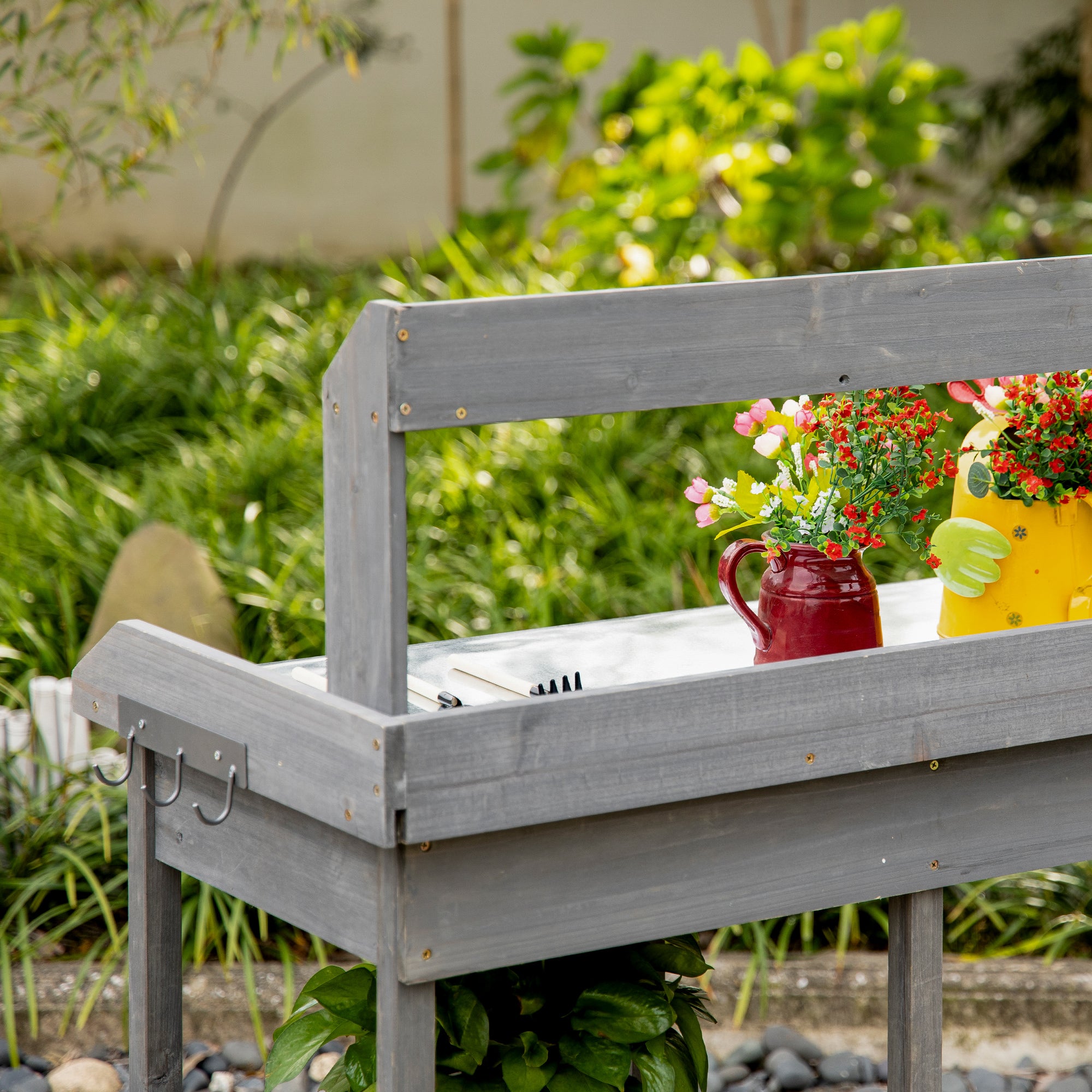 Garden Potting Table, Wooden Workstation Bench w/ Galvanized Metal Tabletop, Drawer, Storage Shelves and Hooks for Courtyards, Balcony