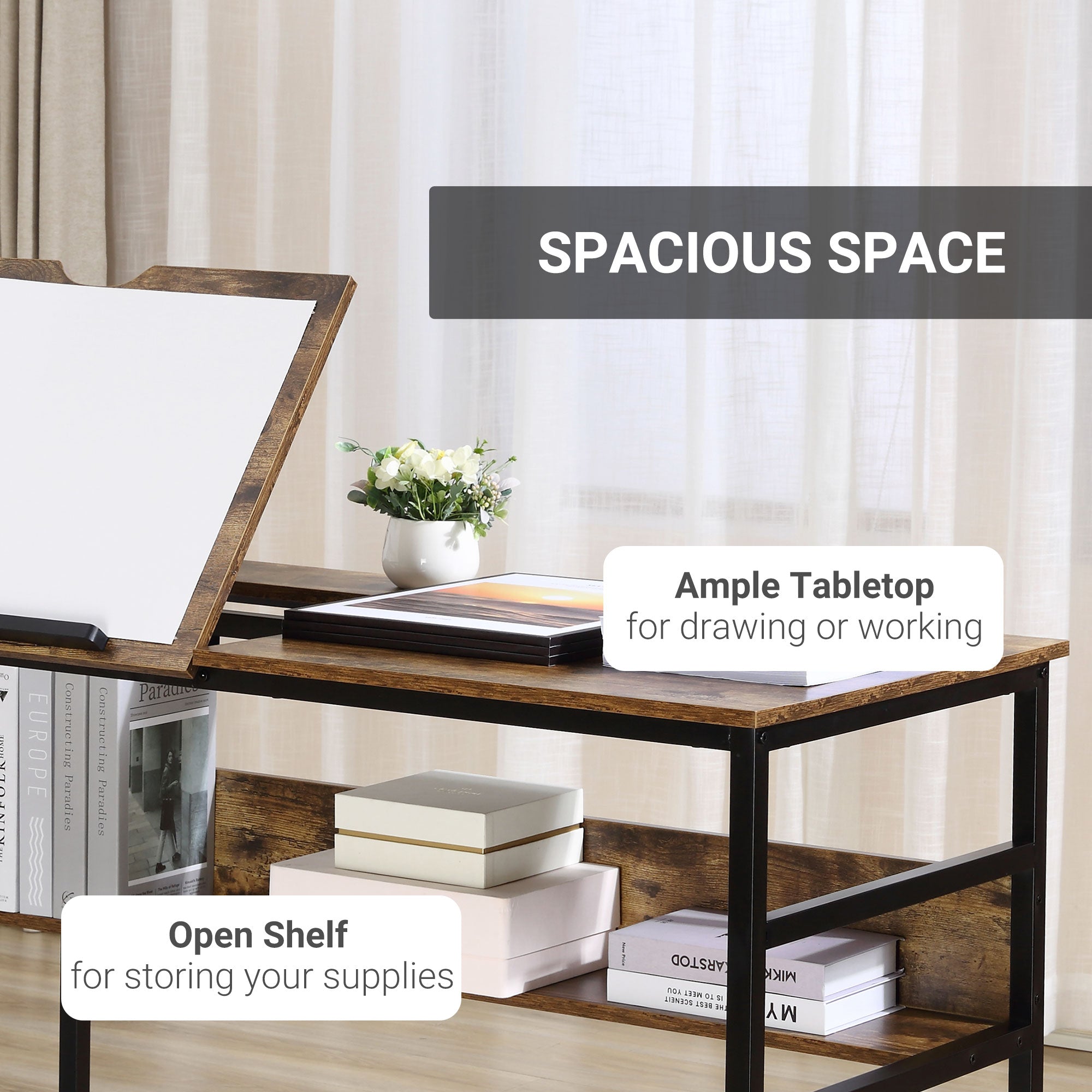 Adjustable Drafting and Art Desk with 15-Level Tabletop, Multifunctional Drawing and Craft Workstation - Rustic Brown Black