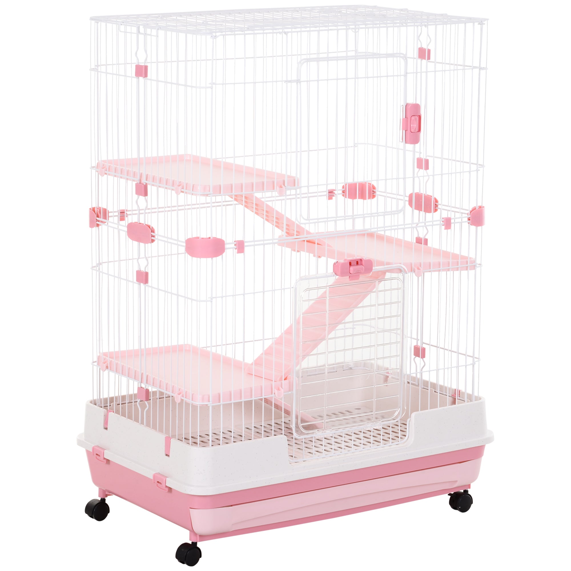 Four-Tier Small Animal Cage, for Bunnies, Ferrets, Chinchillas w/ Wheels, Tray - Pink