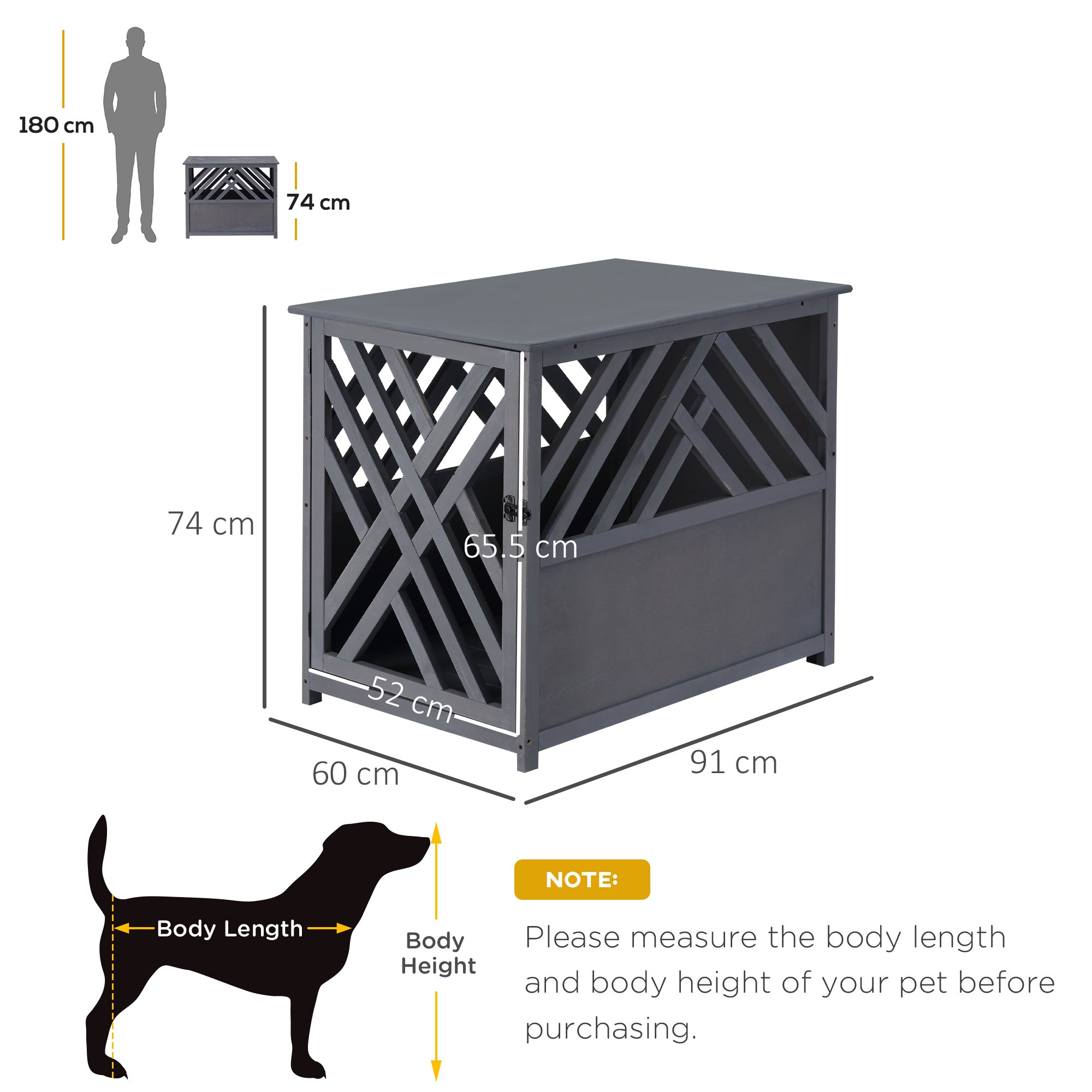 Furniture Style Wooden Dog Crate Kennel Top End Table Decorative Dog Cage Lattice Night Stand with Lockable Door, 60 x 91 x 74 cm, Grey