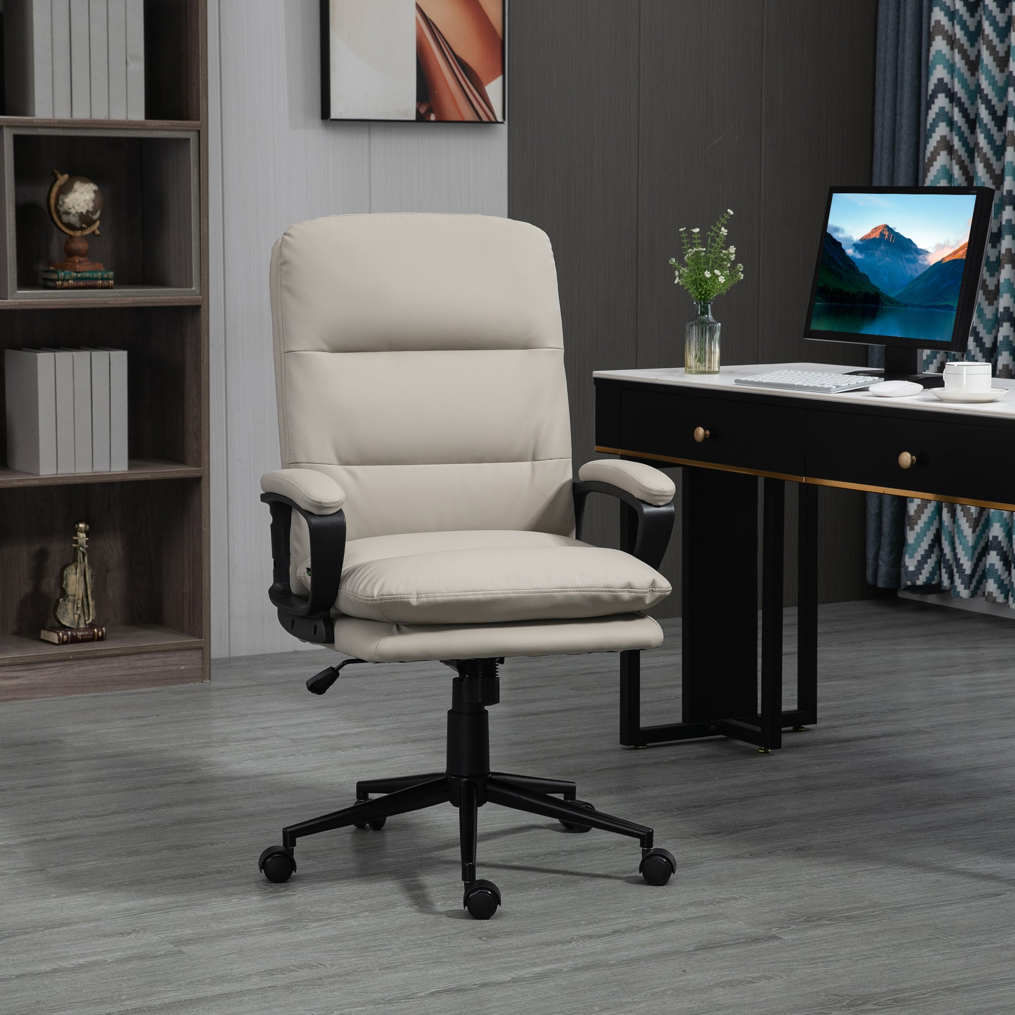 High Back Office Chair, PU Leather Desk Chair with Double-tier Padding, Arm, Swivel Wheels, Adjustable Height, Light Grey