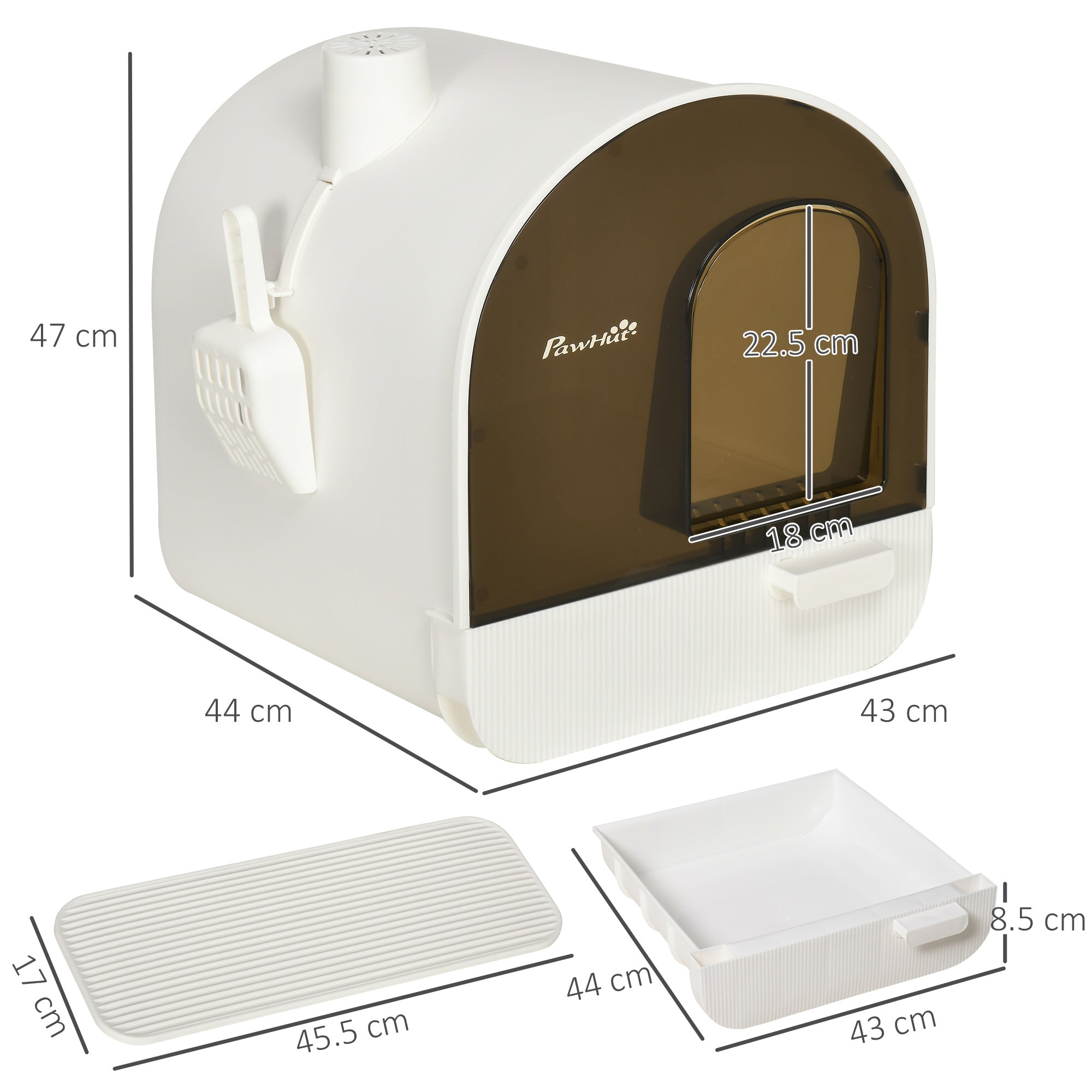 Hooded Cat Litter Box with Lid, Scoop, Filter & Flap Door for Kittens - White
